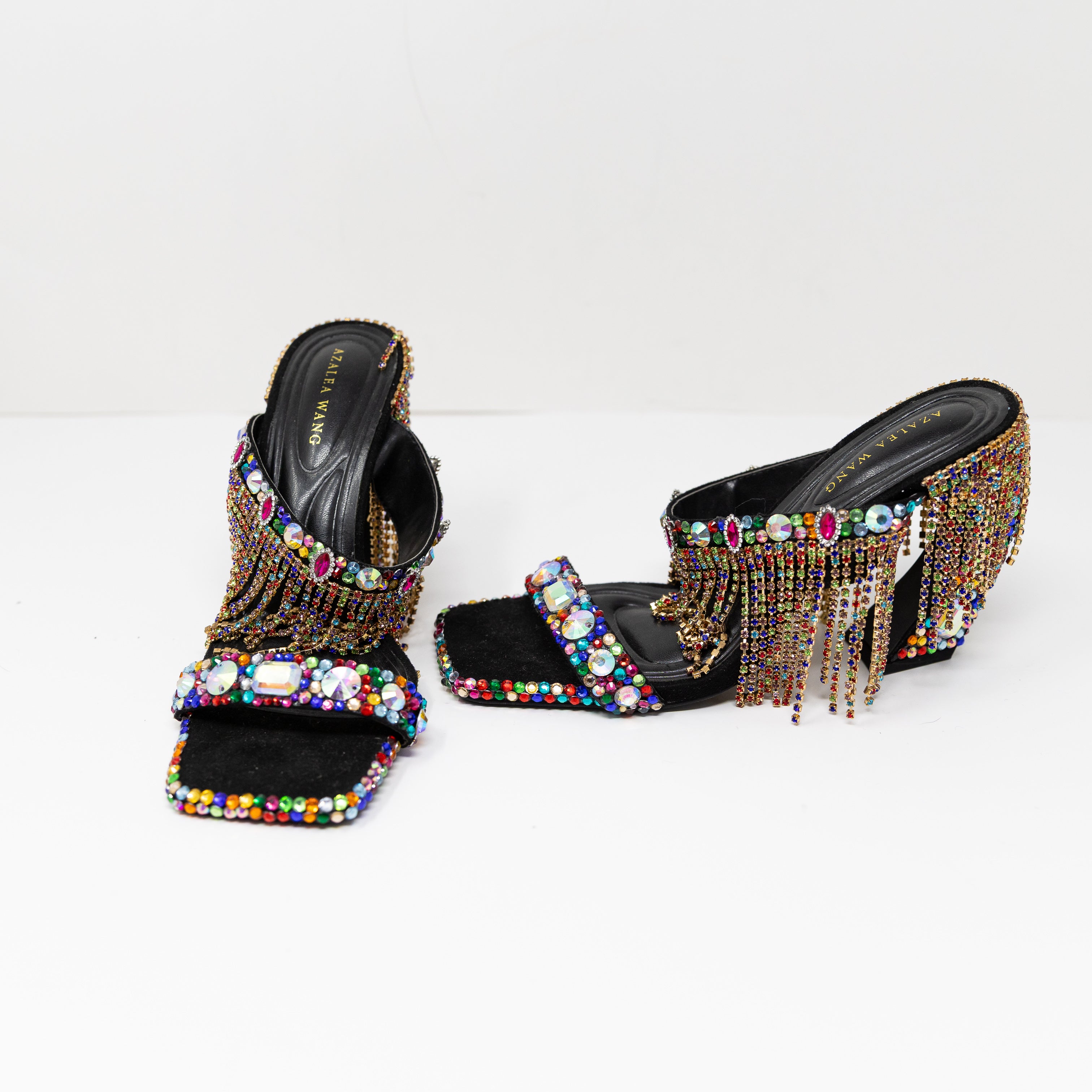 NEW Azalea Wang Spiced Multi Embellished Rhinestone Crystal Fringe High Heels