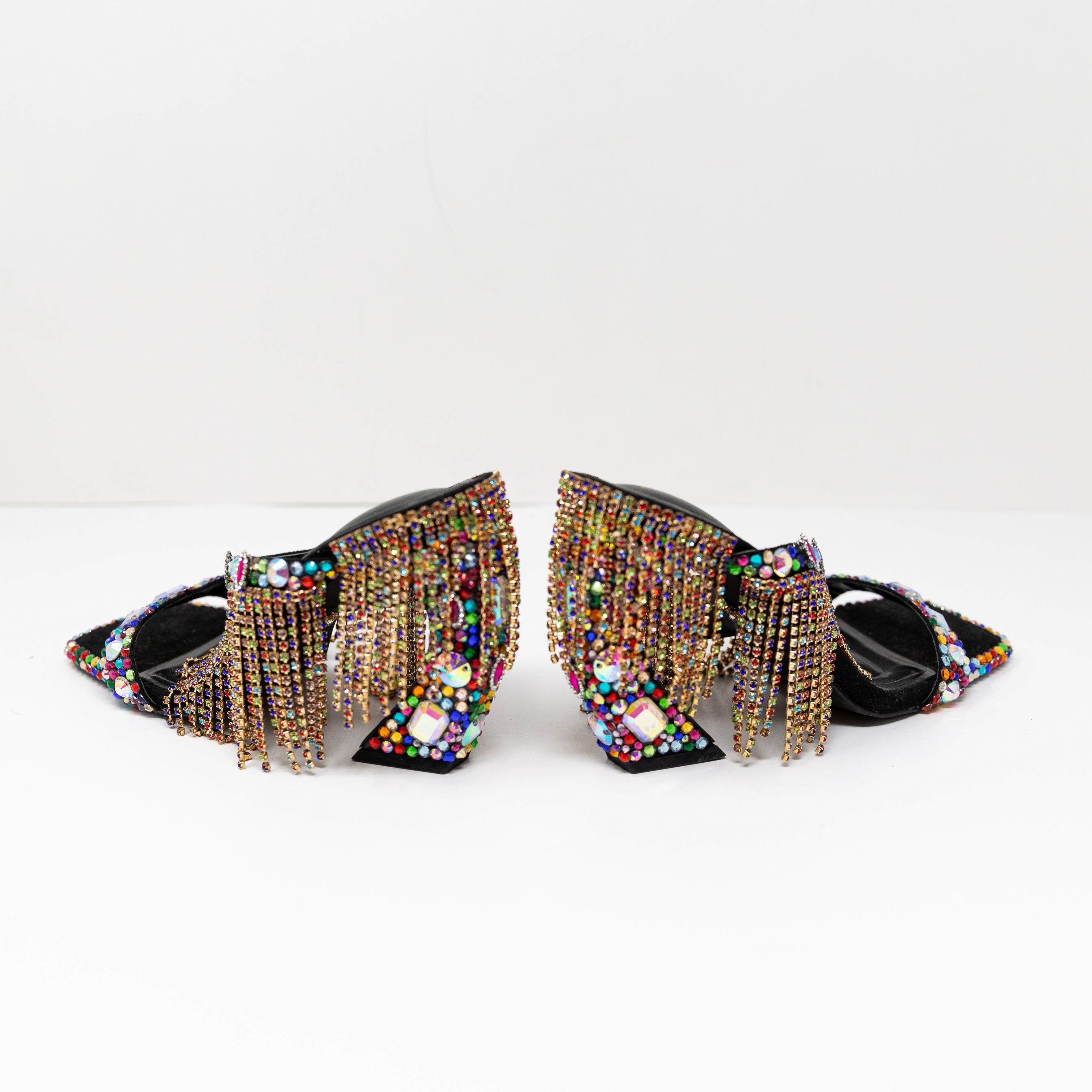 NEW Azalea Wang Spiced Multi Embellished Rhinestone Crystal Fringe High Heels