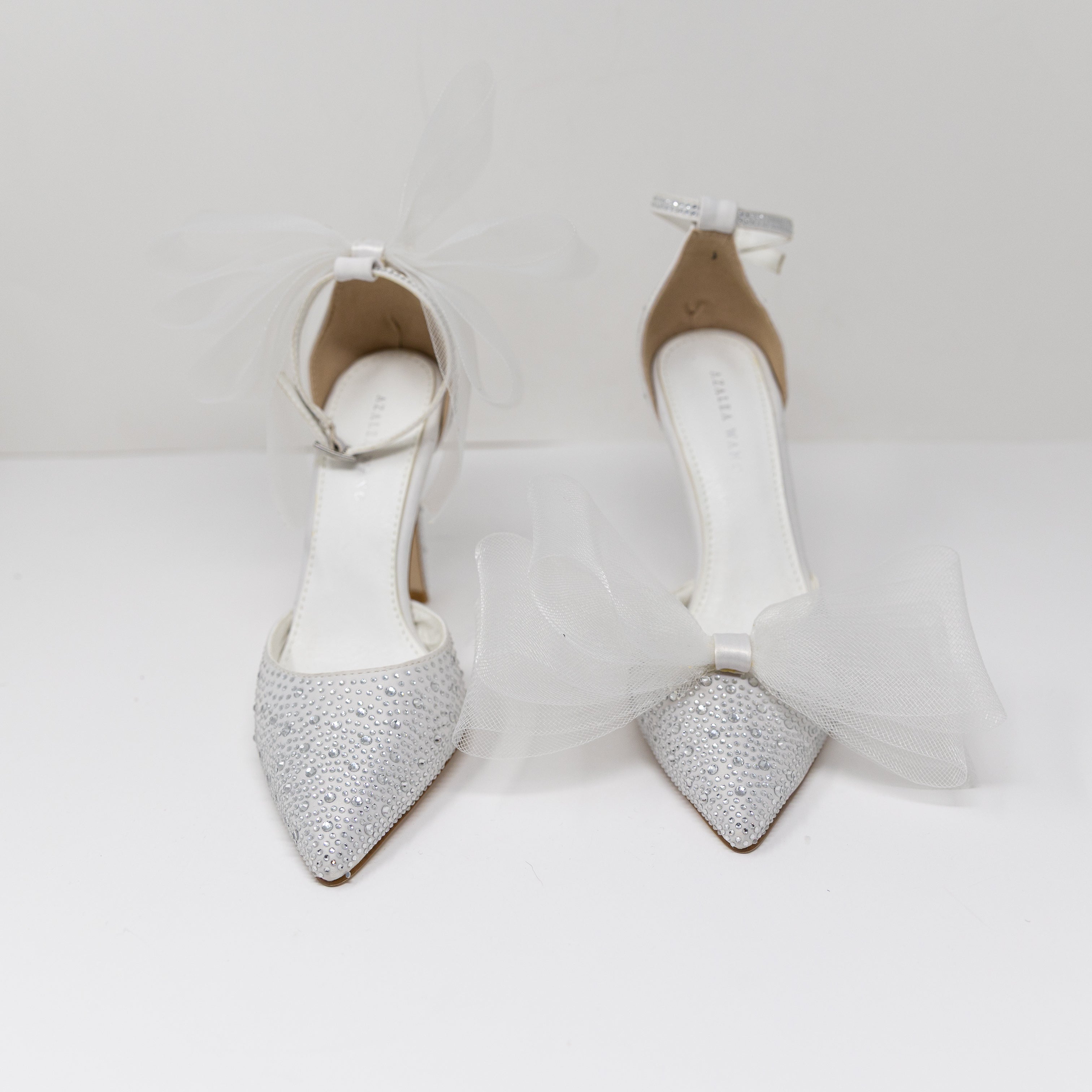 NEW Azalea Wang Sweetie Crystal Jewel Rhinestone Embellished Tulle Bow Heels 7