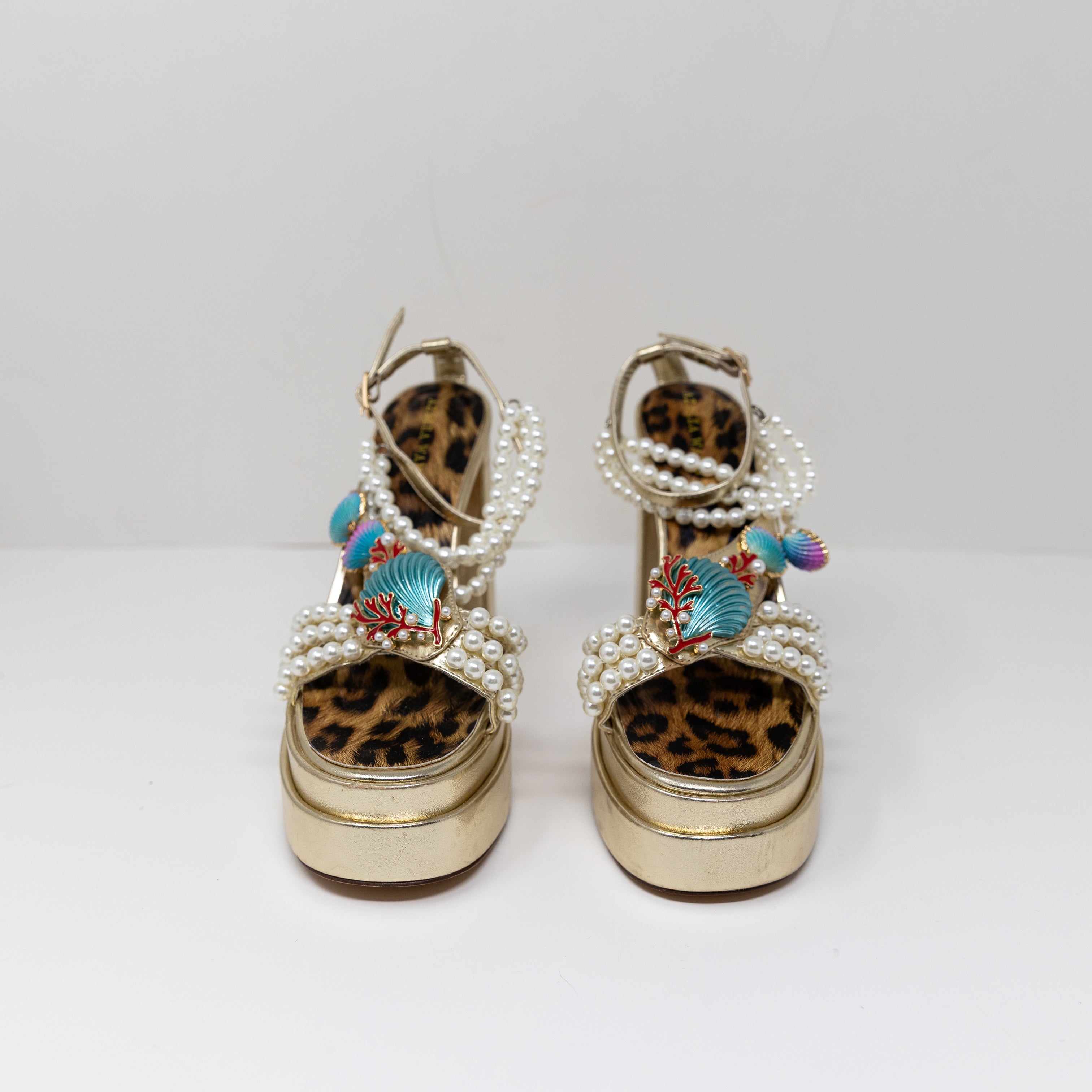 NEW Azalea Wang Arleth Faux Leather Pearl Sea Shell Ankle Strap Platform Sandal