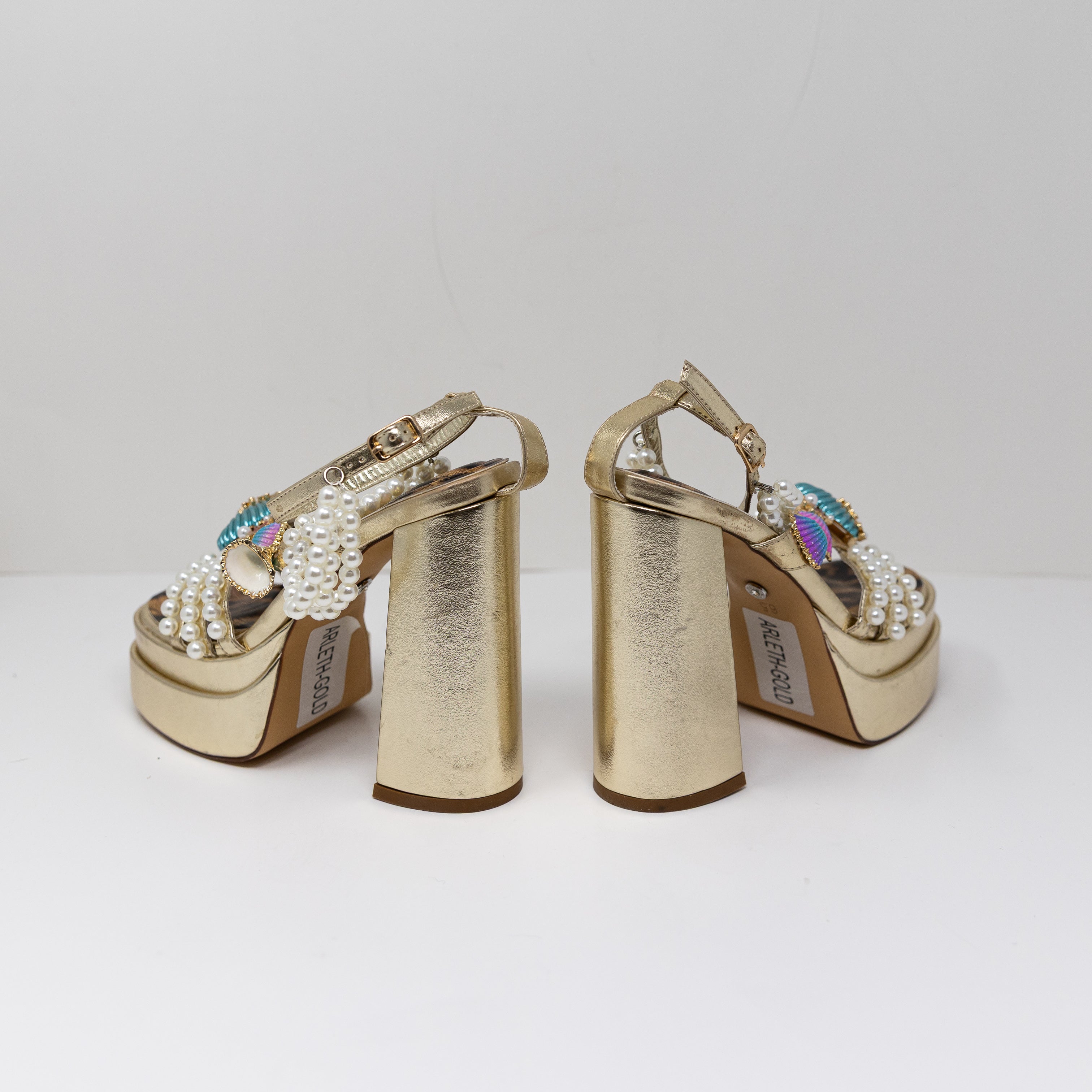 NEW Azalea Wang Arleth Faux Leather Pearl Sea Shell Ankle Strap Platform Sandal