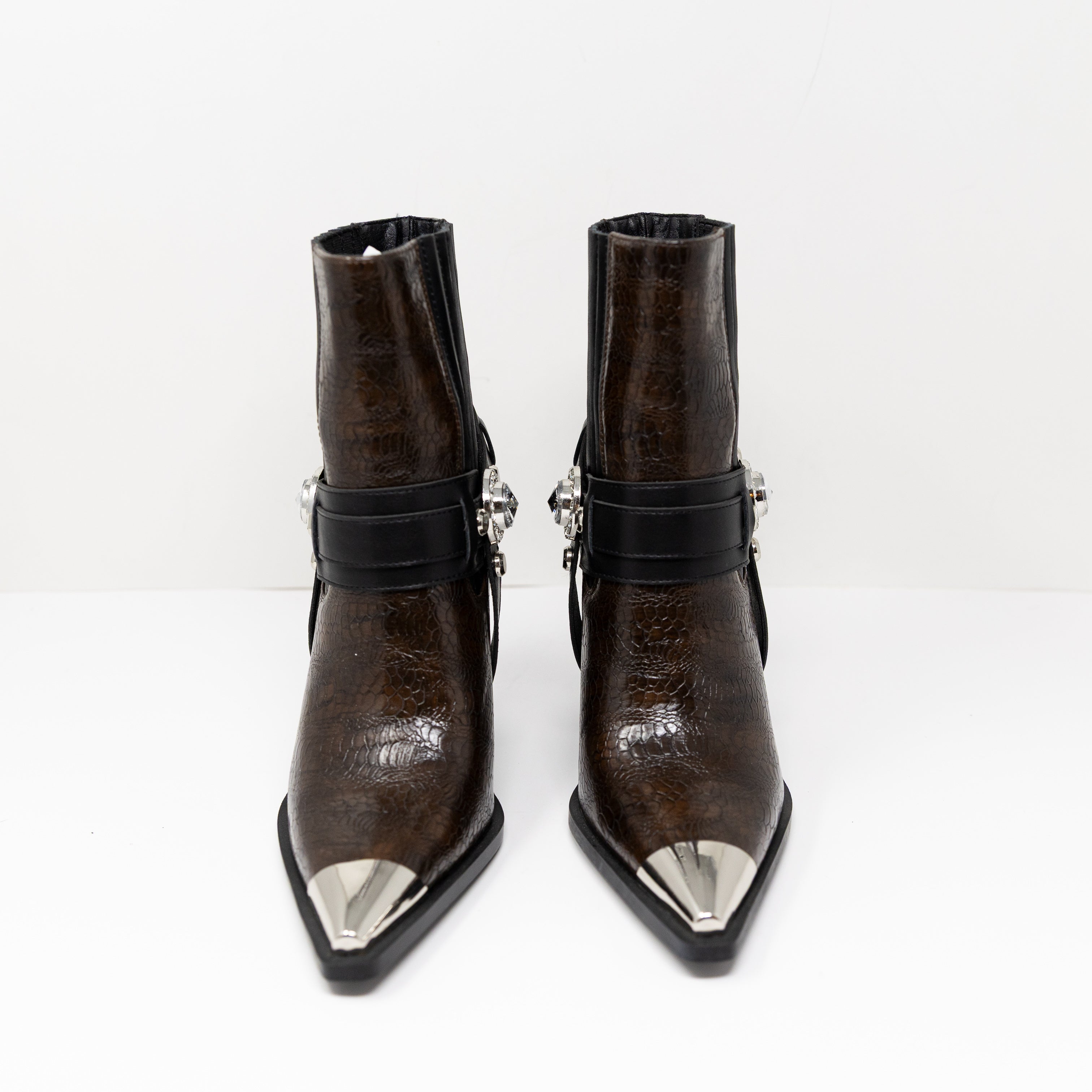 NEW Azalea Wang Lenkov Faux Vegan Leather Block Heel Western Booties Shoes Brown