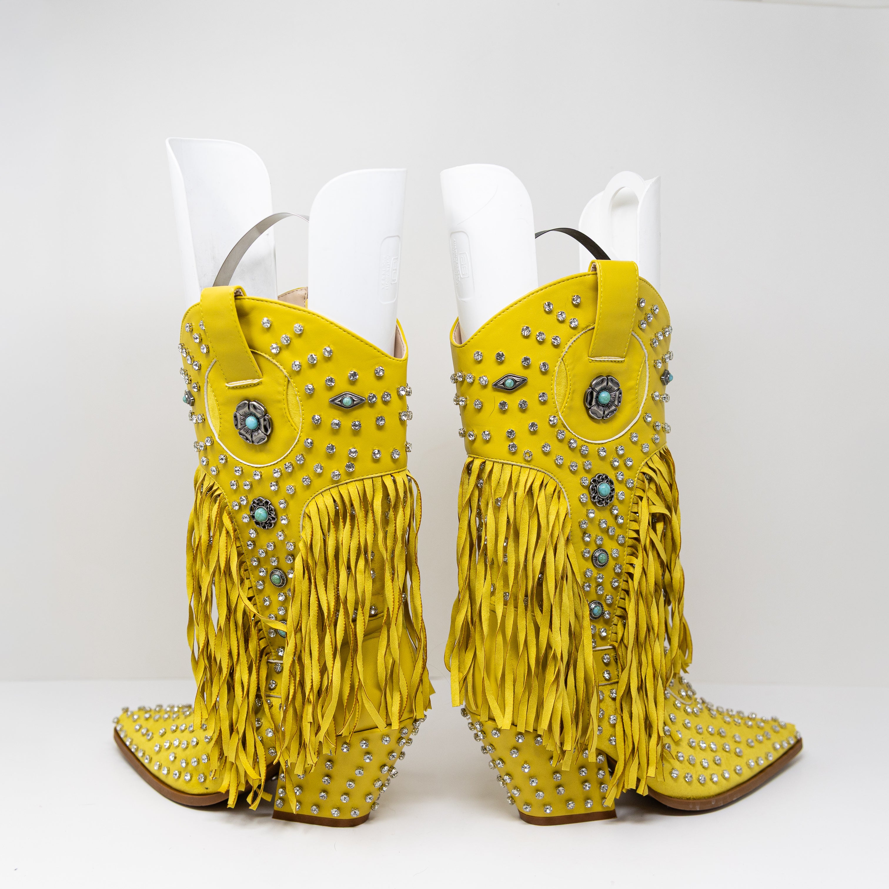 NEW Azalea Wang Greyson Faux Leather Rhinestone Embellished Fringe Boots Yellow