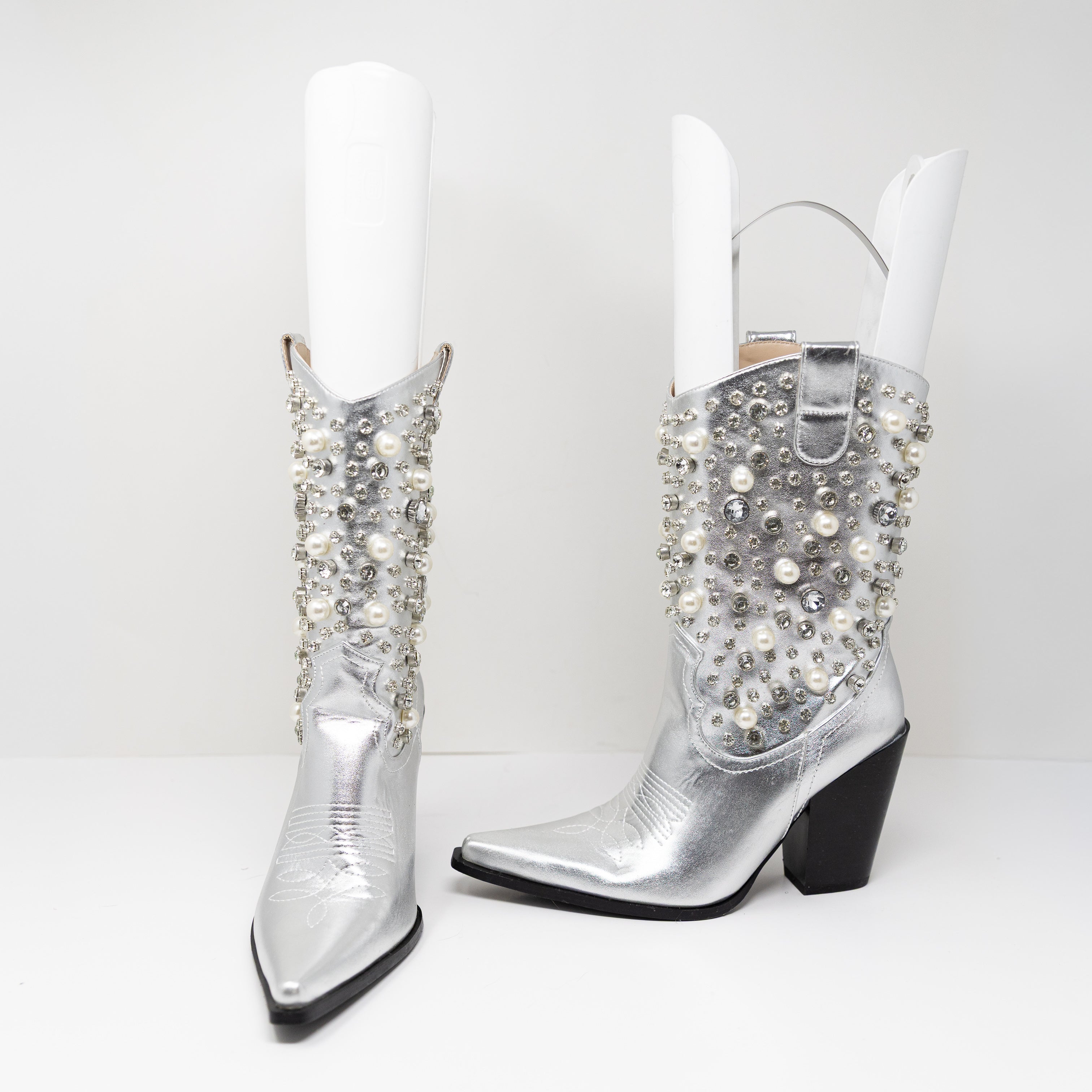 NEW Azalea Wang Dylan Faux Leather Rhinestone Crystal Pearl Embellished Boots