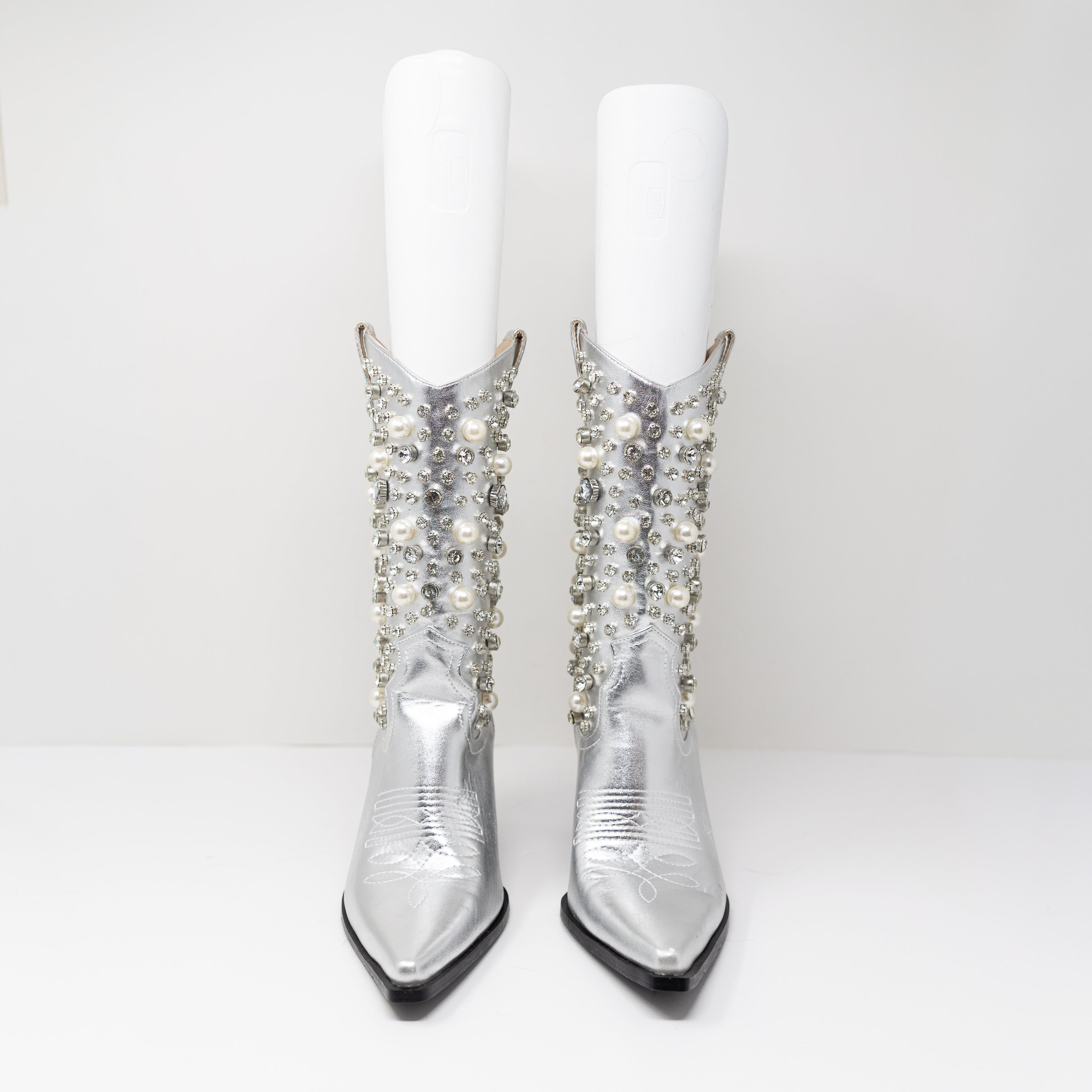 NEW Azalea Wang Dylan Faux Leather Rhinestone Crystal Pearl Embellished Boots