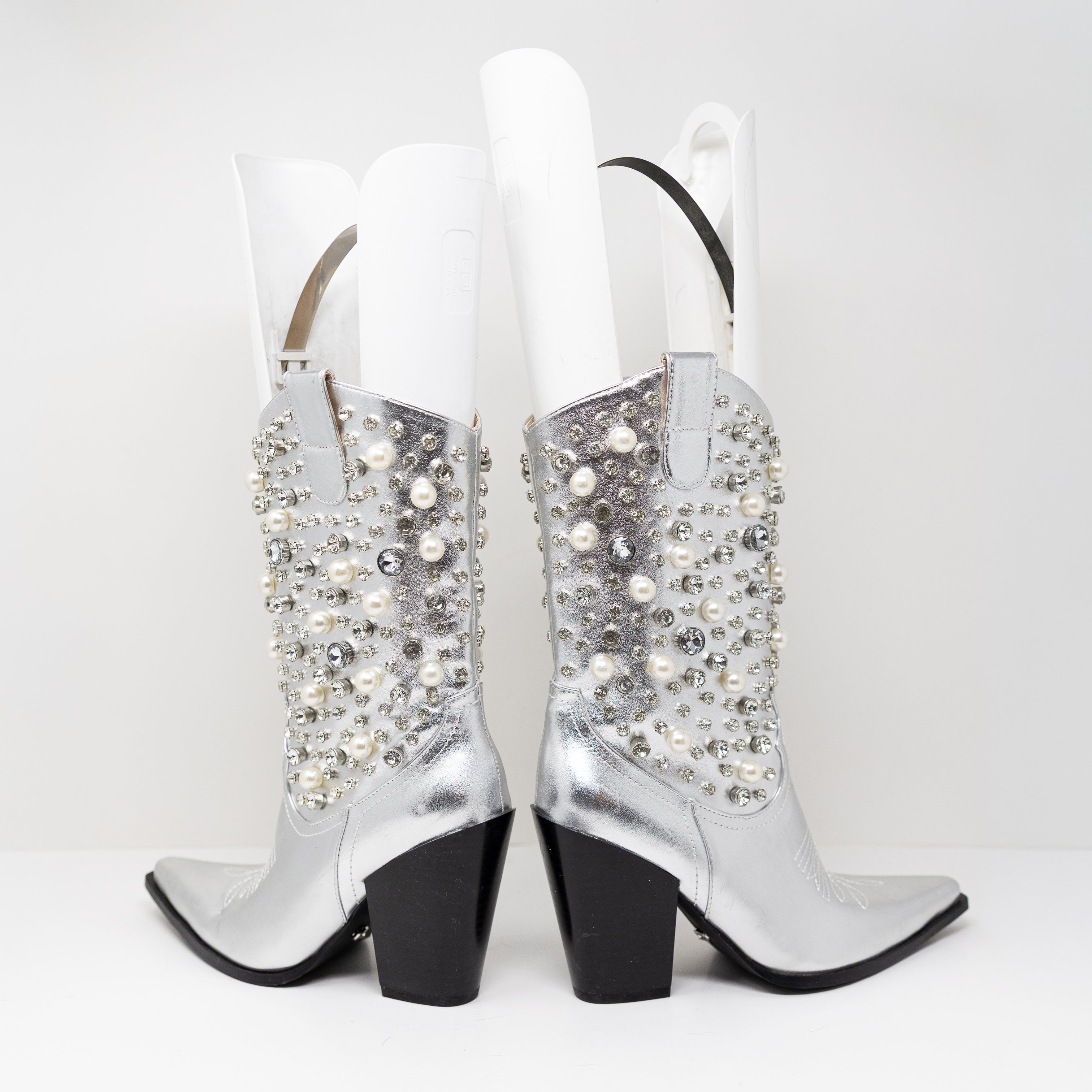NEW Azalea Wang Dylan Faux Leather Rhinestone Crystal Pearl Embellished Boots
