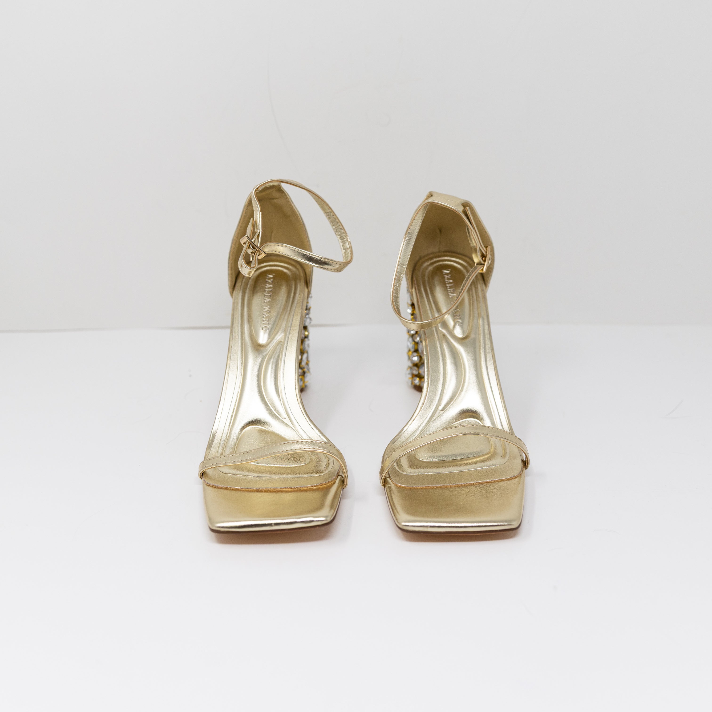 NEW Azalea Wang Bernelle Gold Rhinestone Crystal Diamond Block Heel Sandal Shoes
