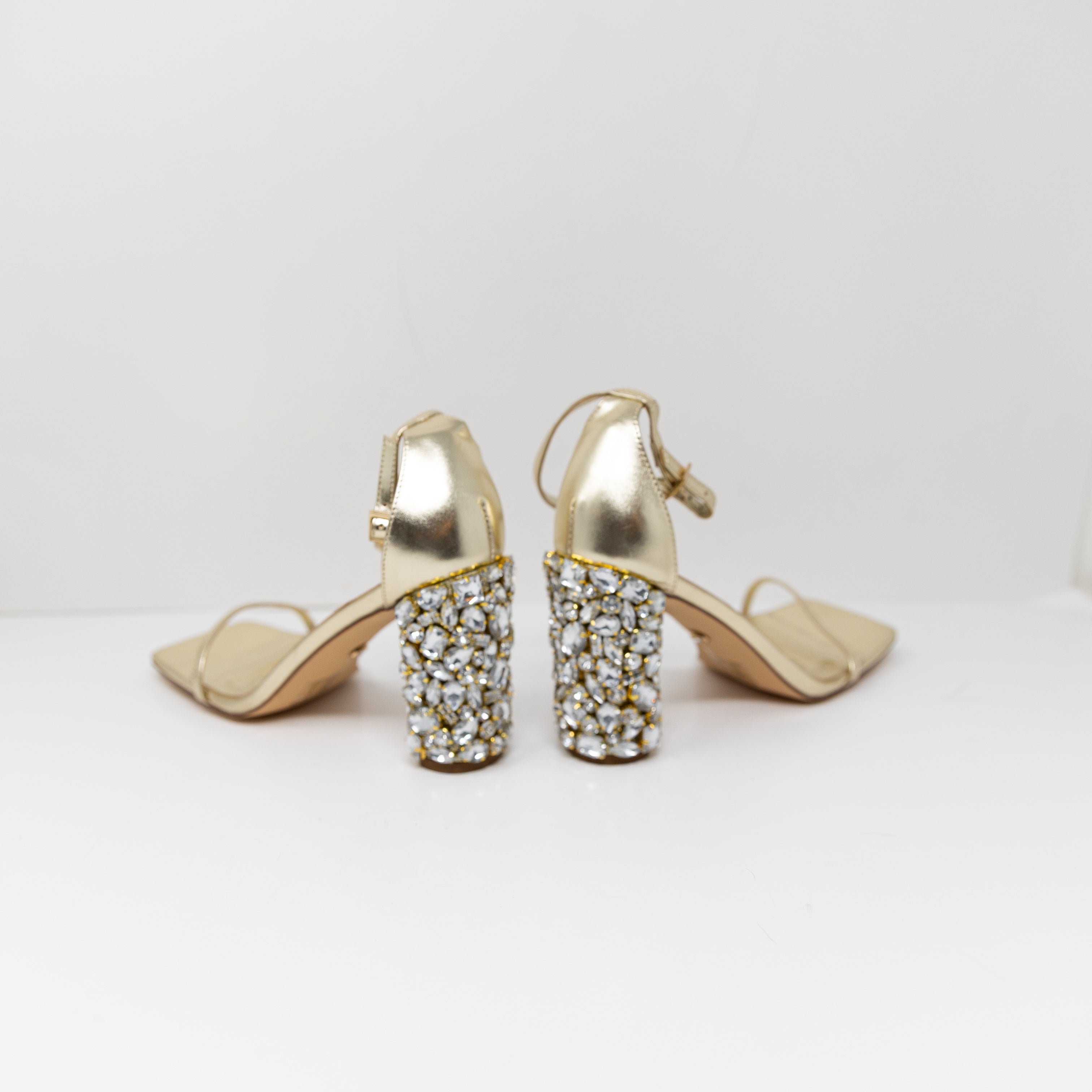 NEW Azalea Wang Bernelle Gold Rhinestone Crystal Diamond Block Heel Sandal Shoes