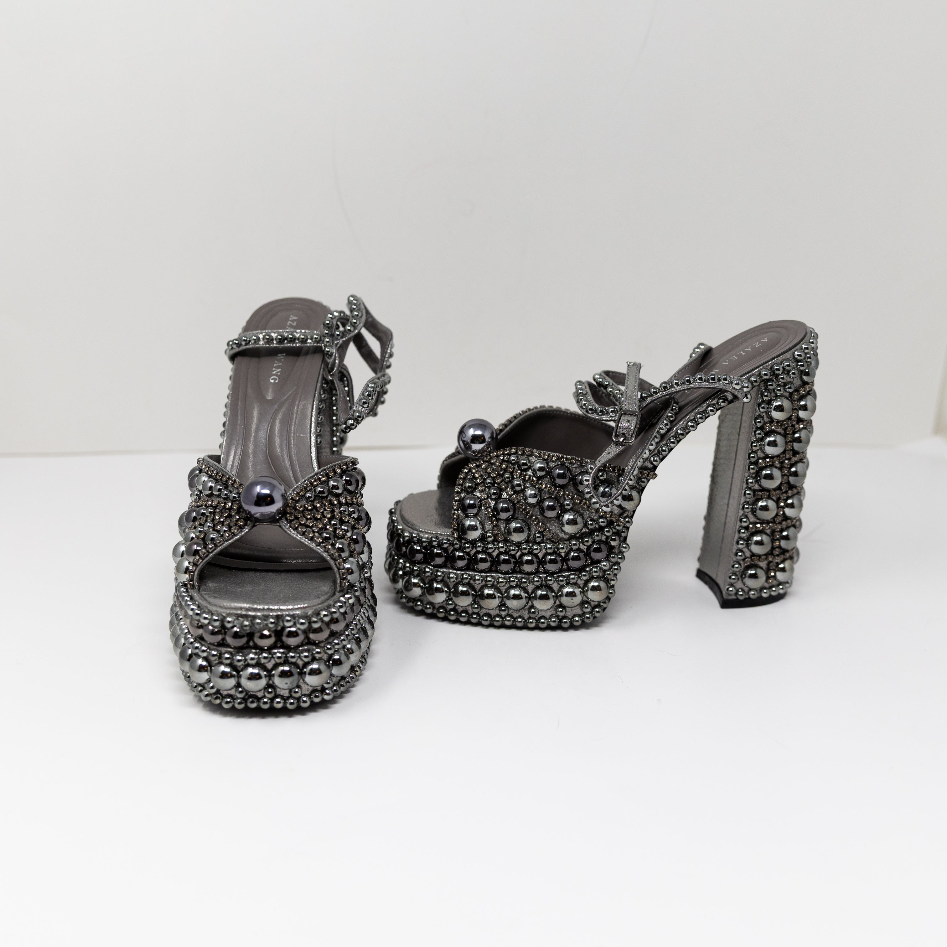 NEW Azalea Wang Astrella Beaded Studded Embellished Platform Heels Hematite