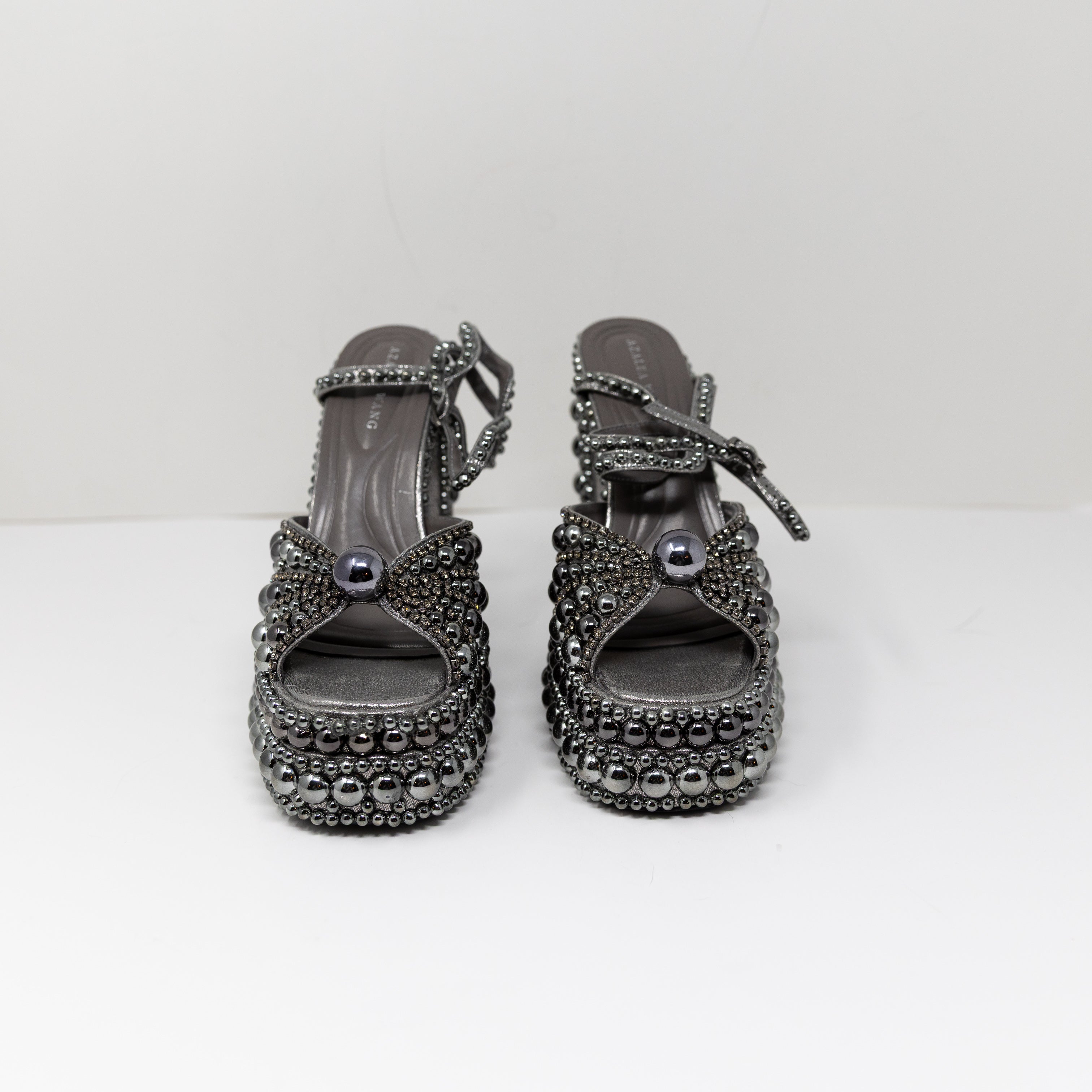 NEW Azalea Wang Astrella Beaded Studded Embellished Platform Heels Hematite