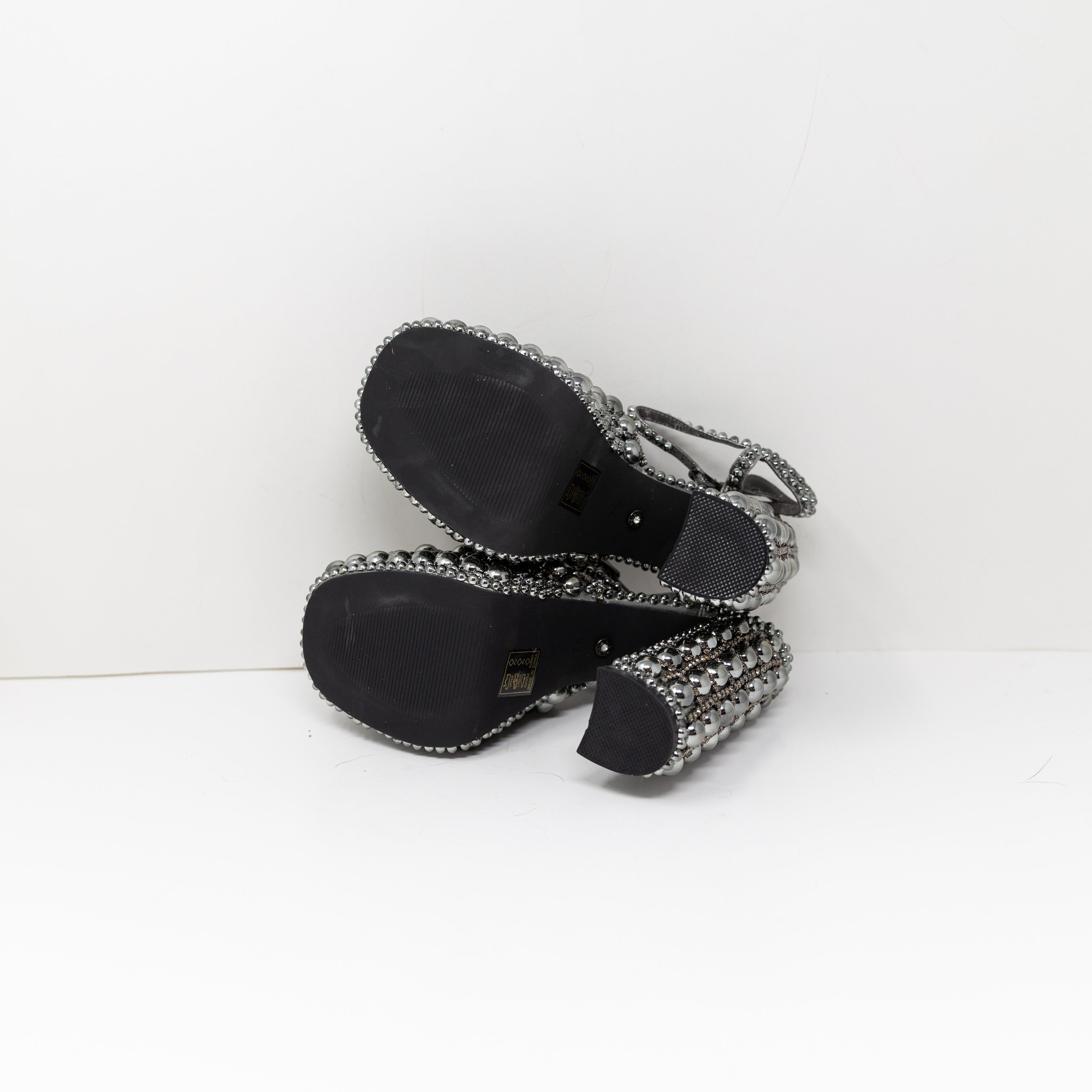 NEW Azalea Wang Astrella Beaded Studded Embellished Platform Heels Hematite