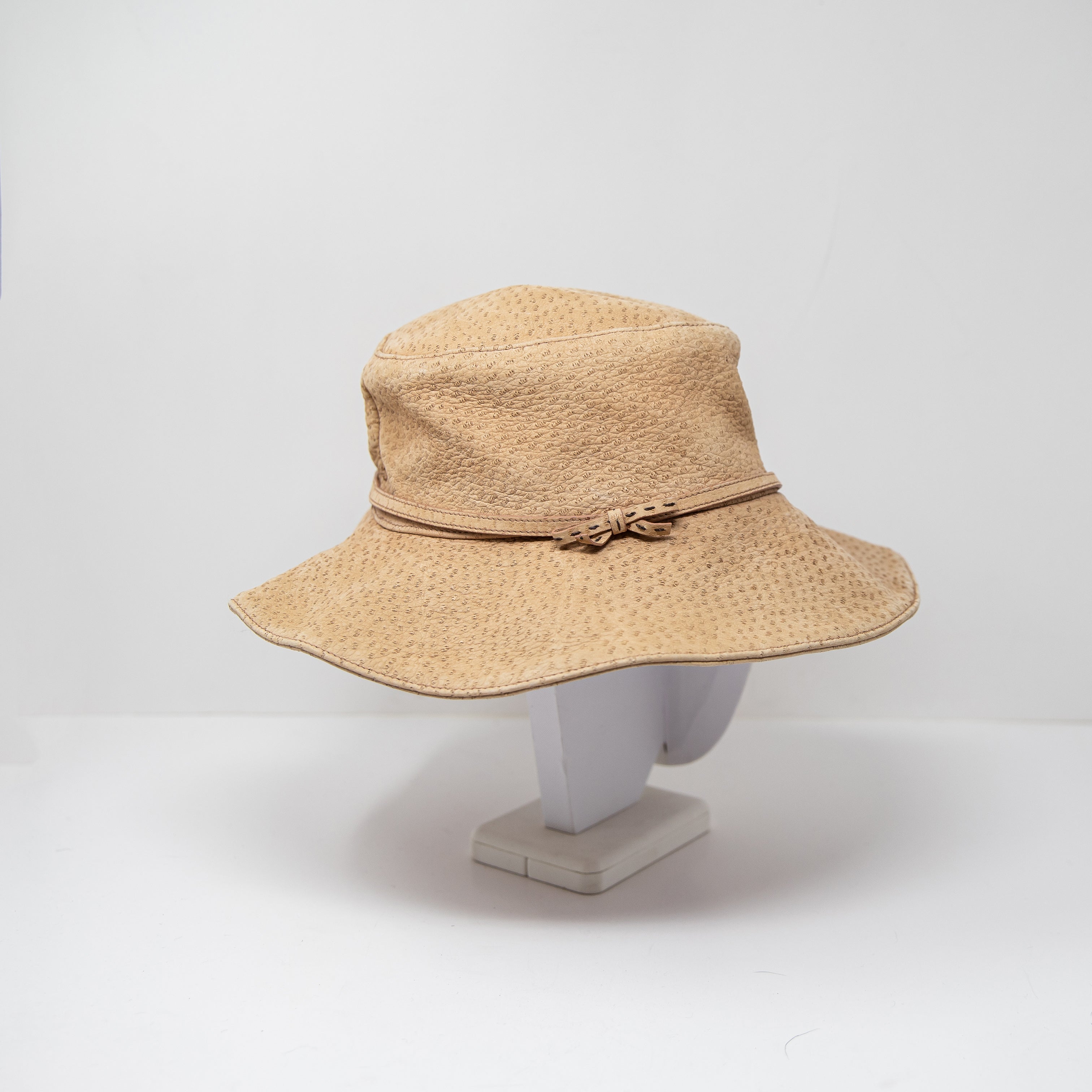 Prada Genuine Leather Textured Ribbon Bow Trim Bucket Sun Hat Neutral Beige M