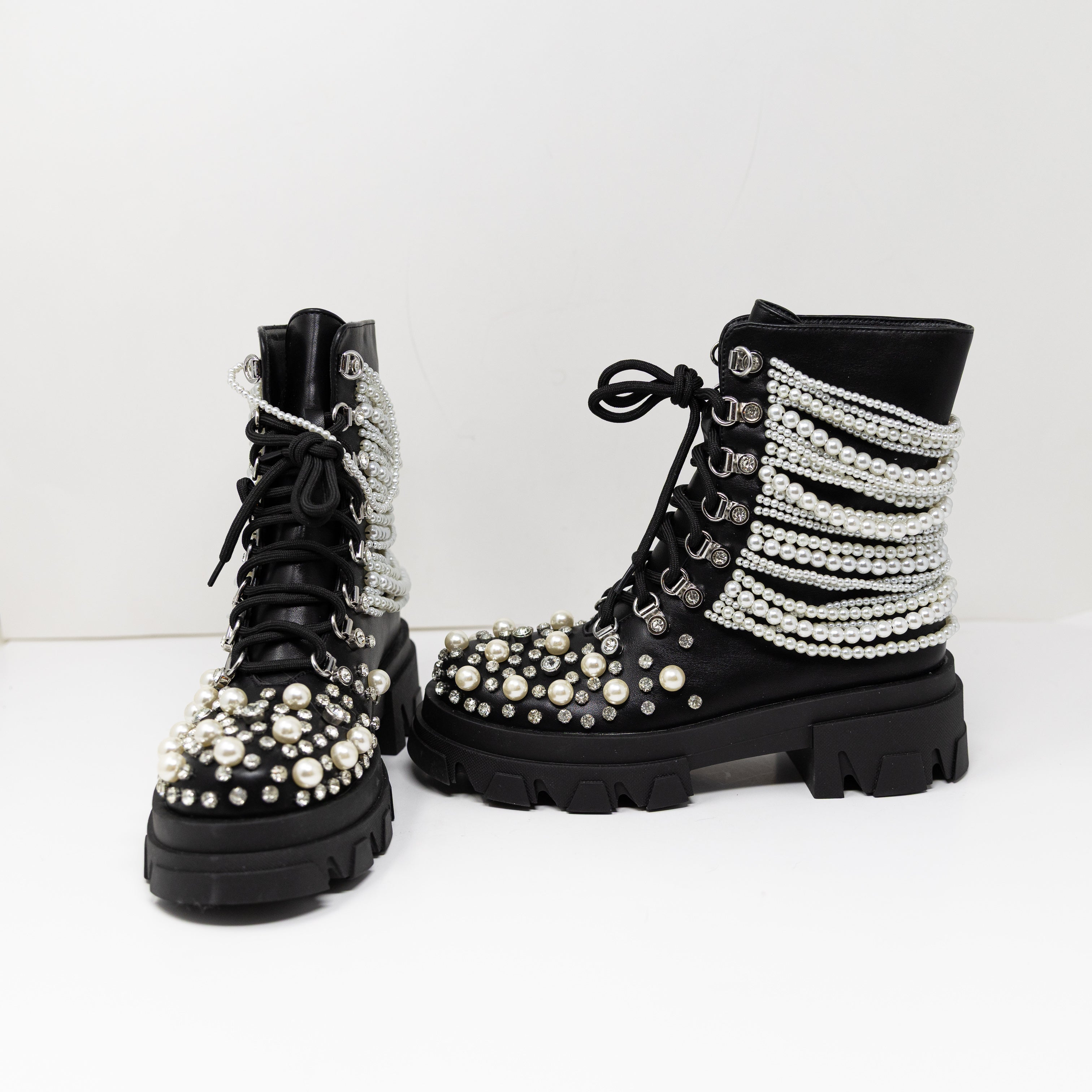 NEW Azalea Wang Twinkley Faux Leather Pearl Rhinestone Embellished Combat Boots