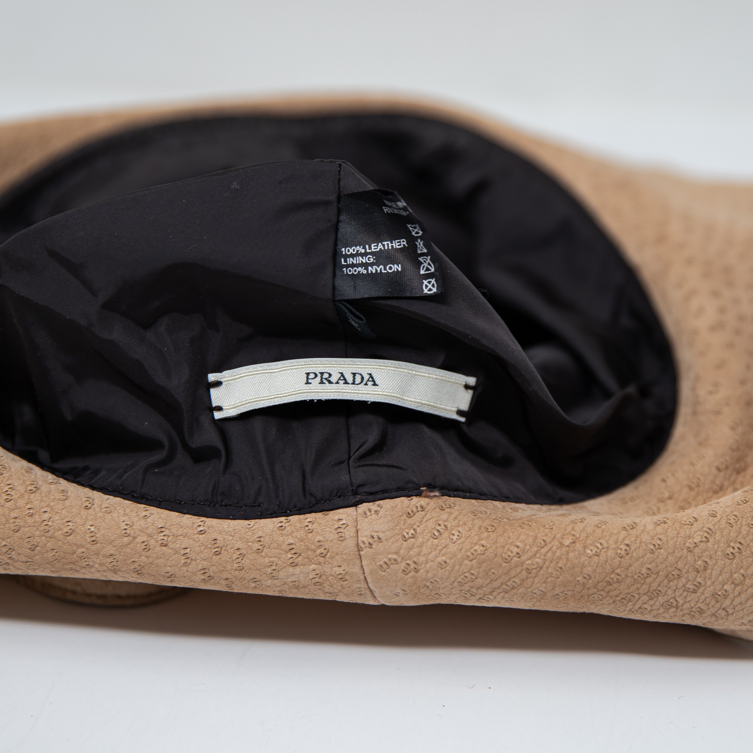 Prada Genuine Leather Textured Ribbon Bow Trim Bucket Sun Hat Neutral Beige M