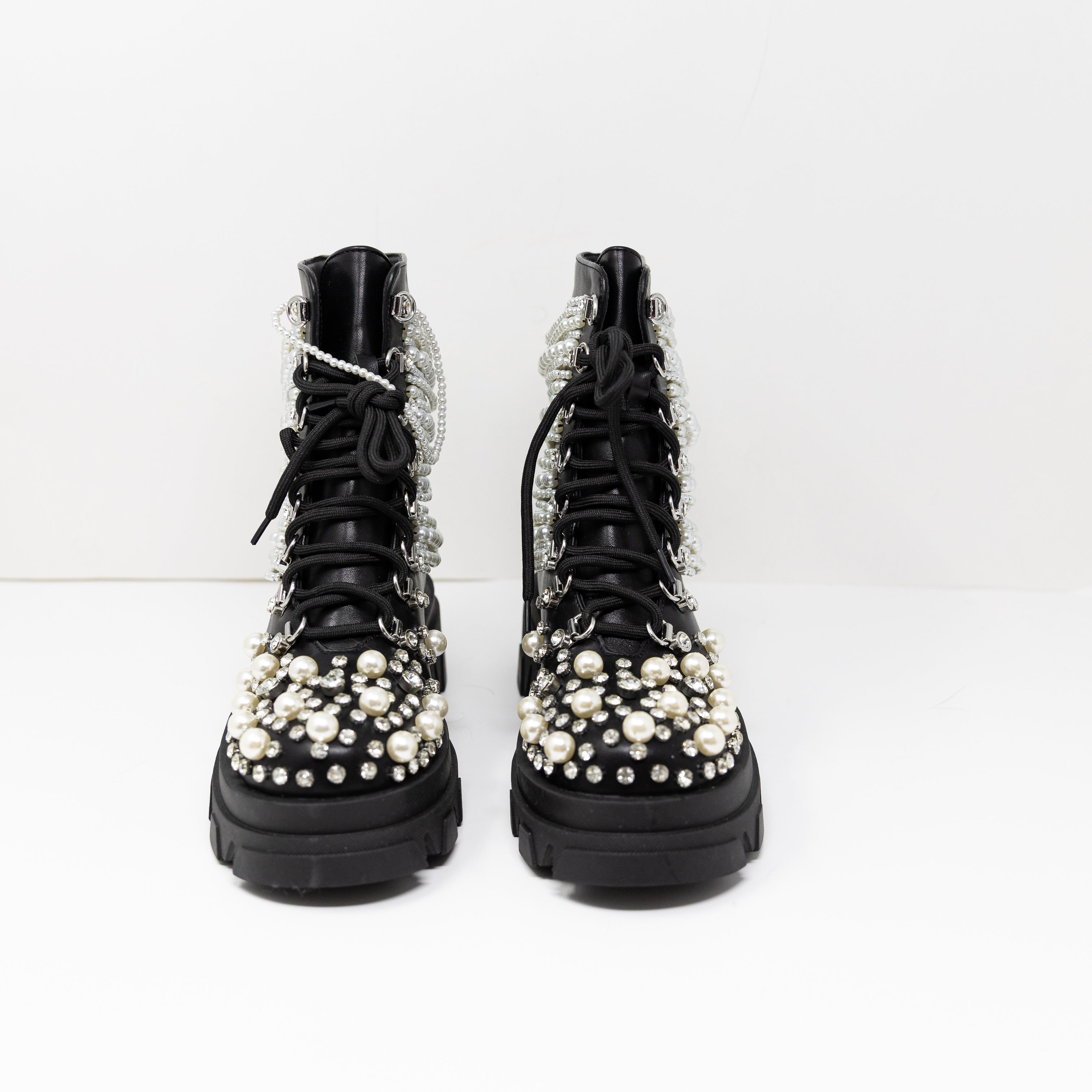 NEW Azalea Wang Twinkley Faux Leather Pearl Rhinestone Embellished Combat Boots