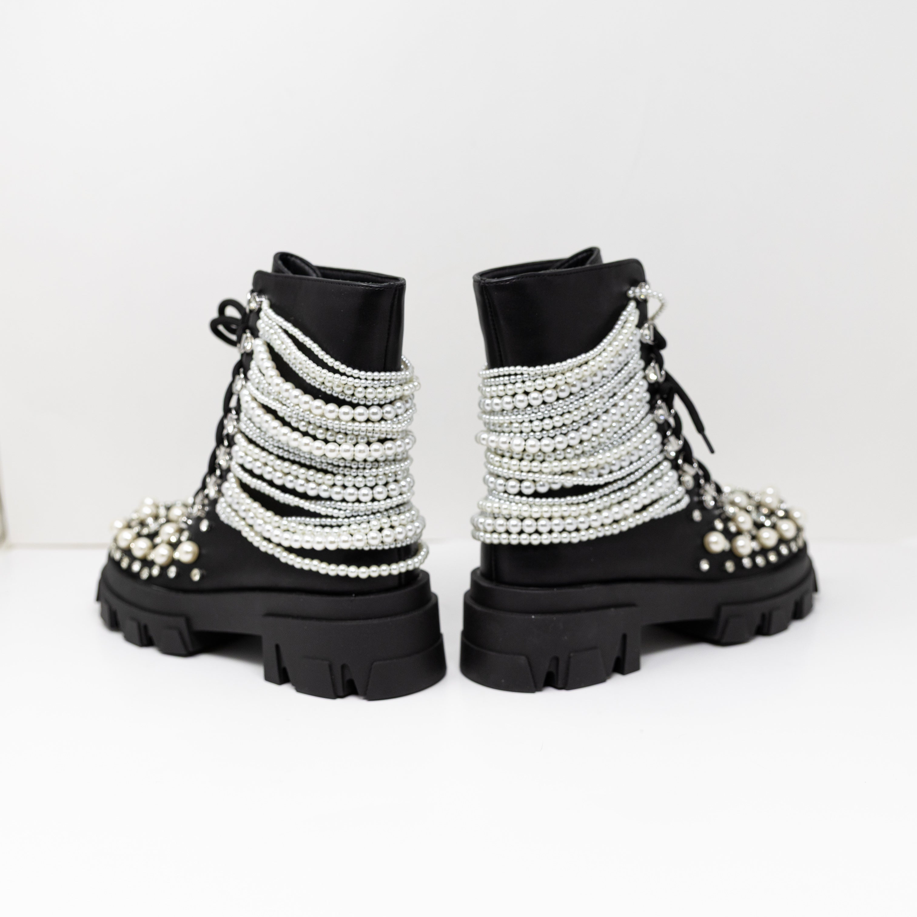 NEW Azalea Wang Twinkley Faux Leather Pearl Rhinestone Embellished Combat Boots