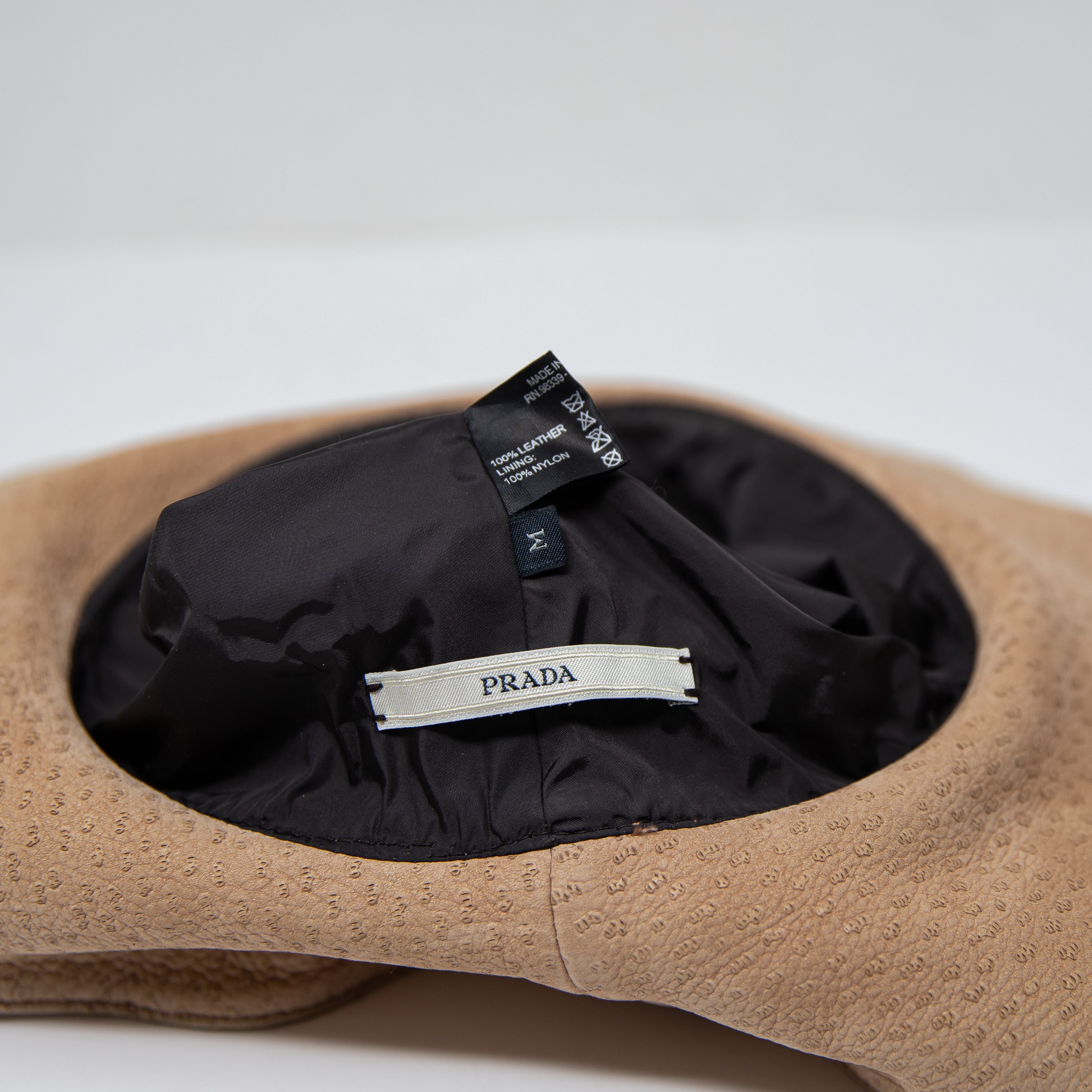 Prada Genuine Leather Textured Ribbon Bow Trim Bucket Sun Hat Neutral Beige M