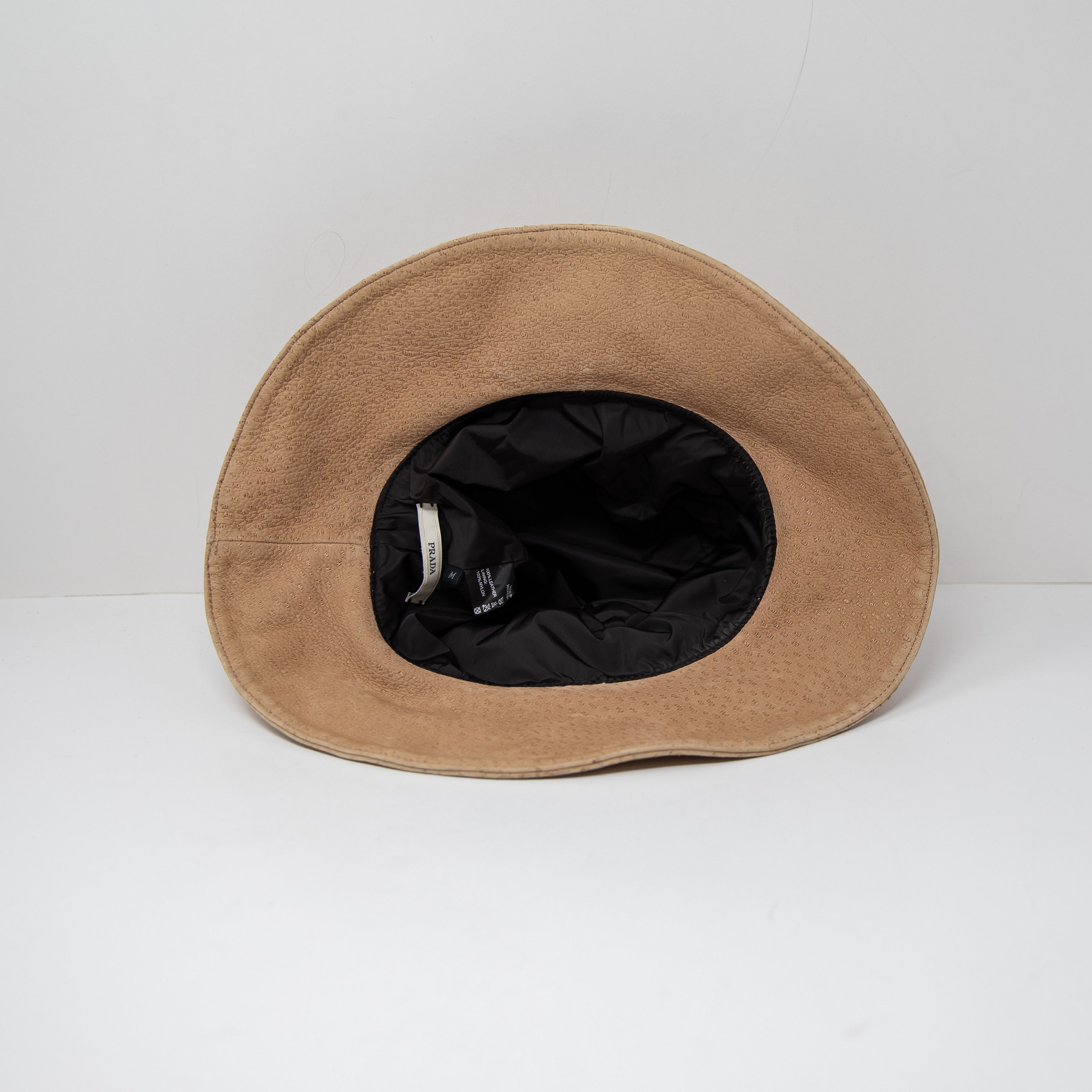 Prada Genuine Leather Textured Ribbon Bow Trim Bucket Sun Hat Neutral Beige M