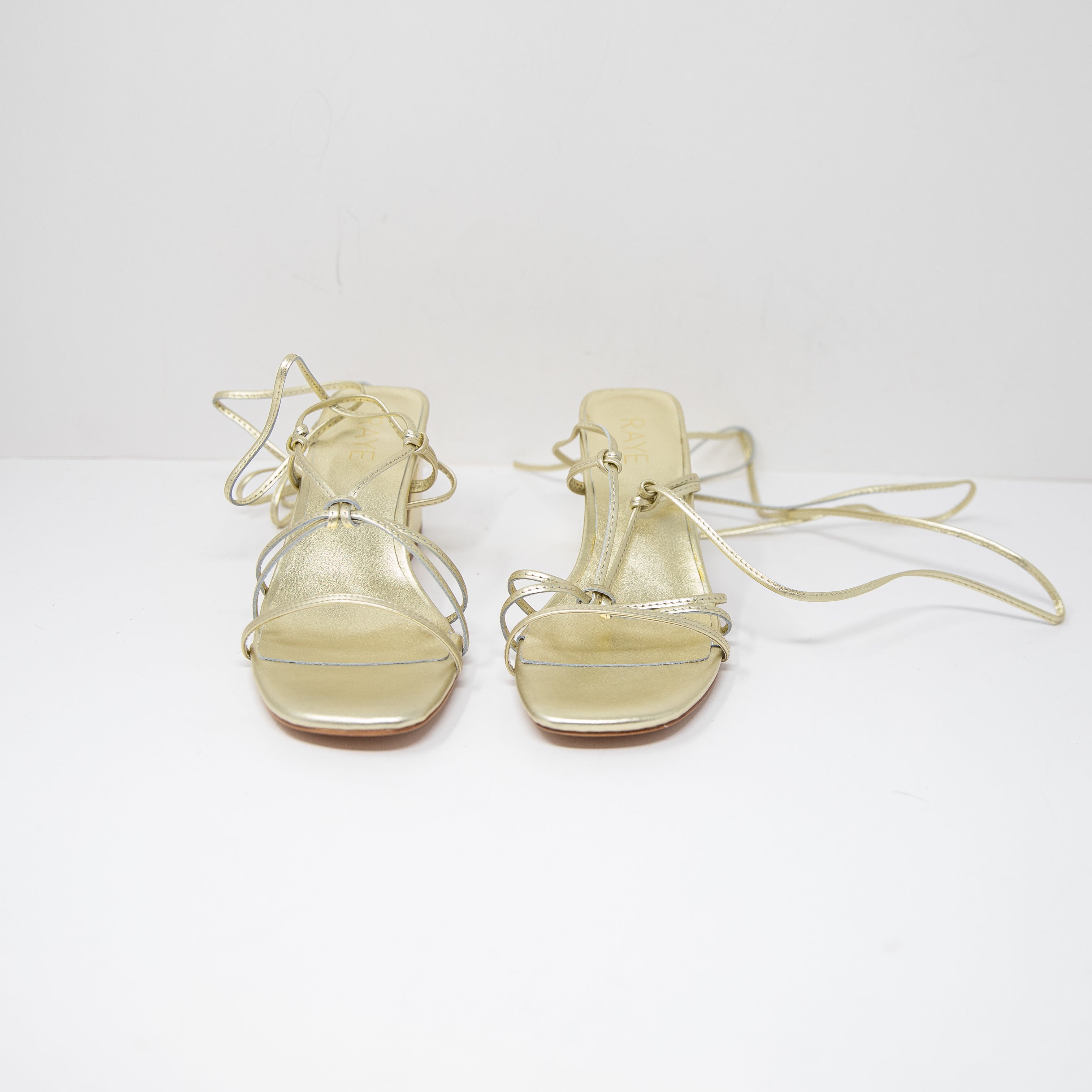 Raye Amal Metallic Gold Genuine Leather Lace Up Strappy Block High Heels Sandals