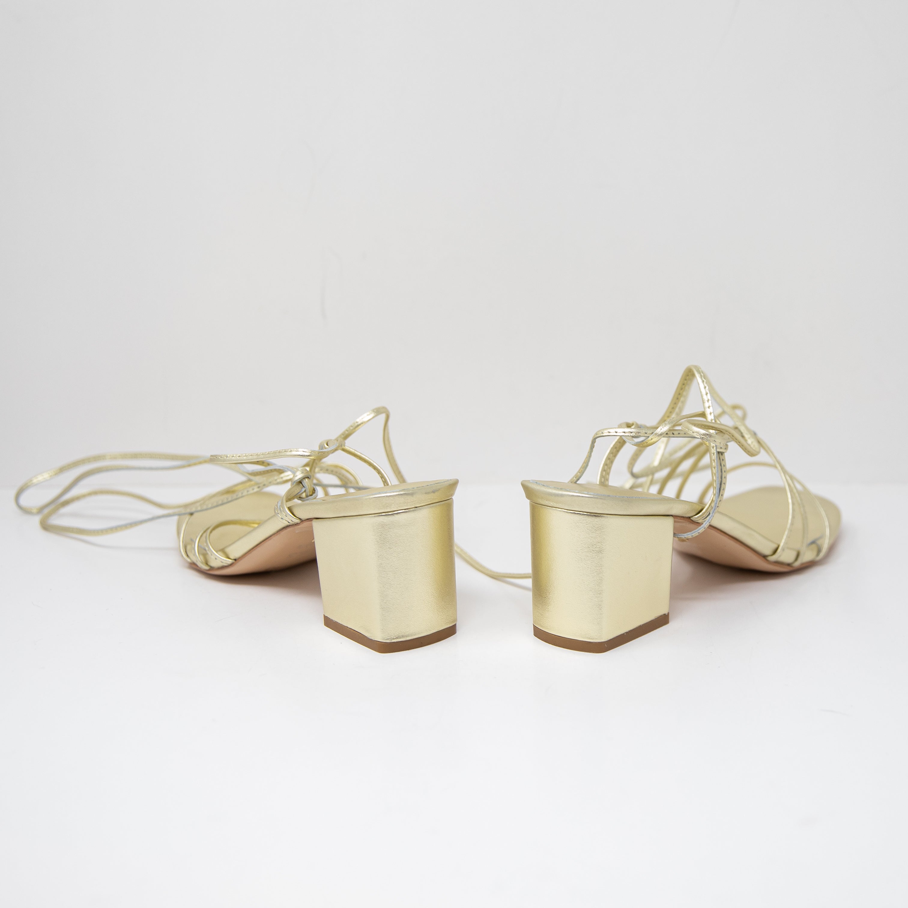 Raye Amal Metallic Gold Genuine Leather Lace Up Strappy Block High Heels Sandals