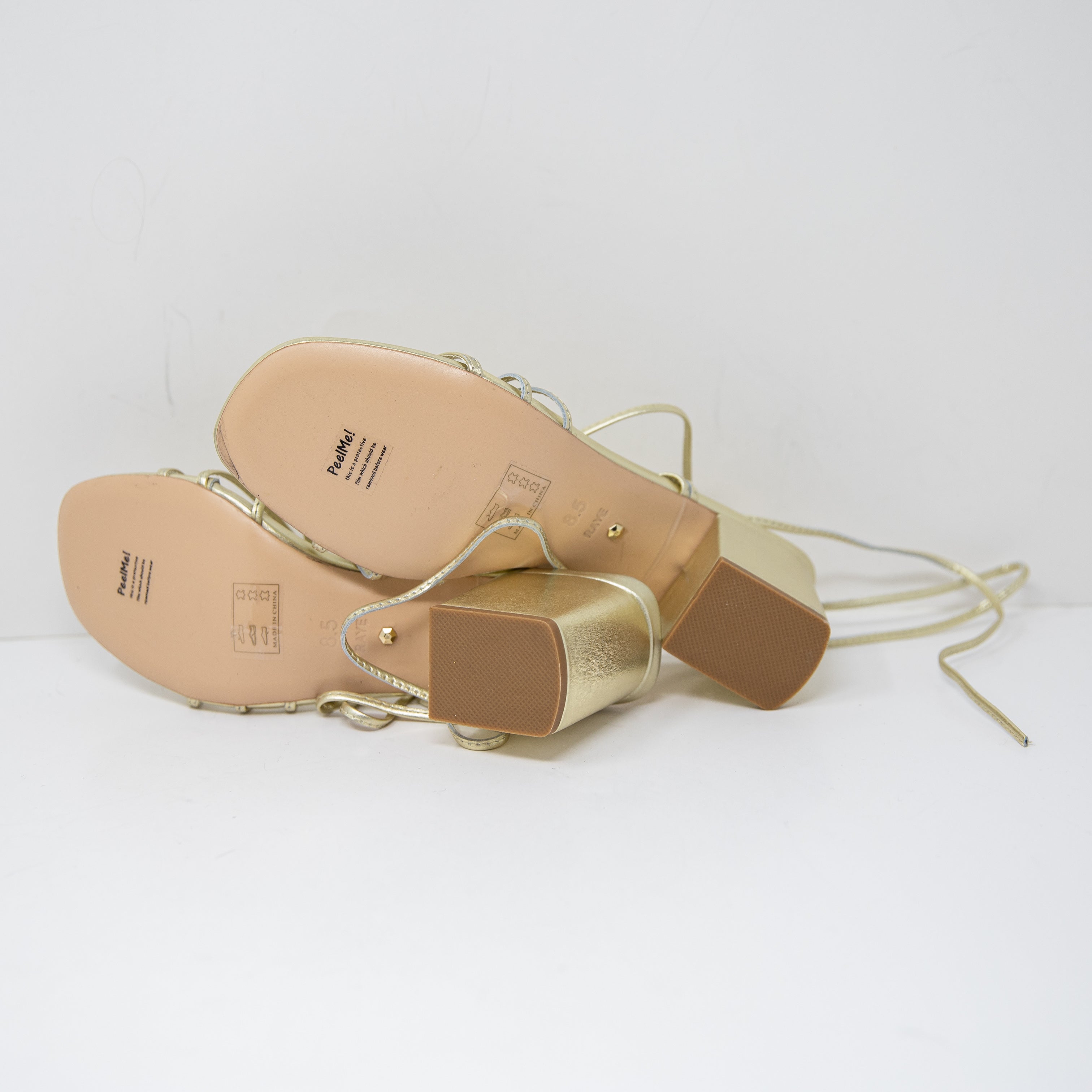 Raye Amal Metallic Gold Genuine Leather Lace Up Strappy Block High Heels Sandals