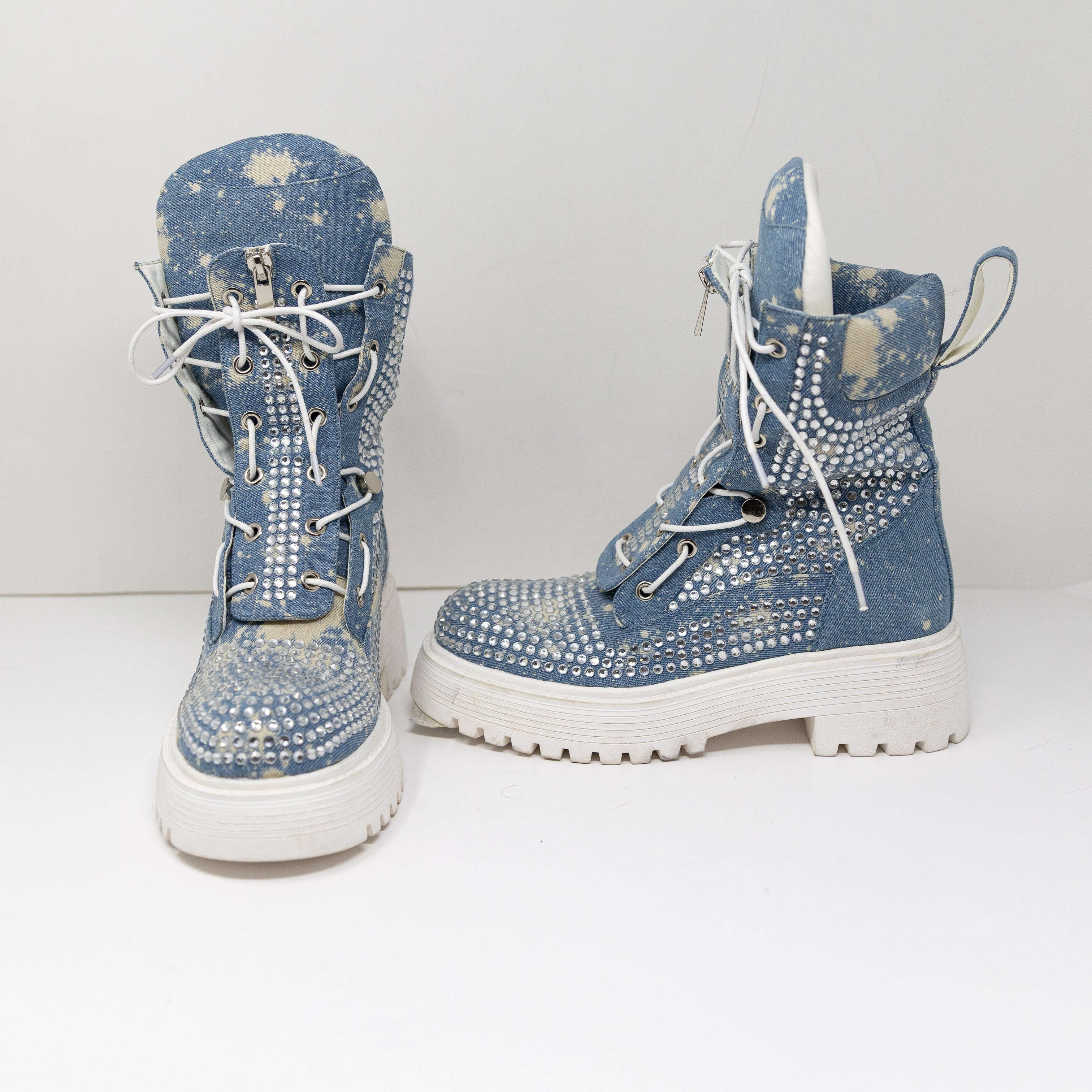 NEW Azalea Wang Harlyn Denim And Diamonds Crystal Embellished Combat Bootie Shoe