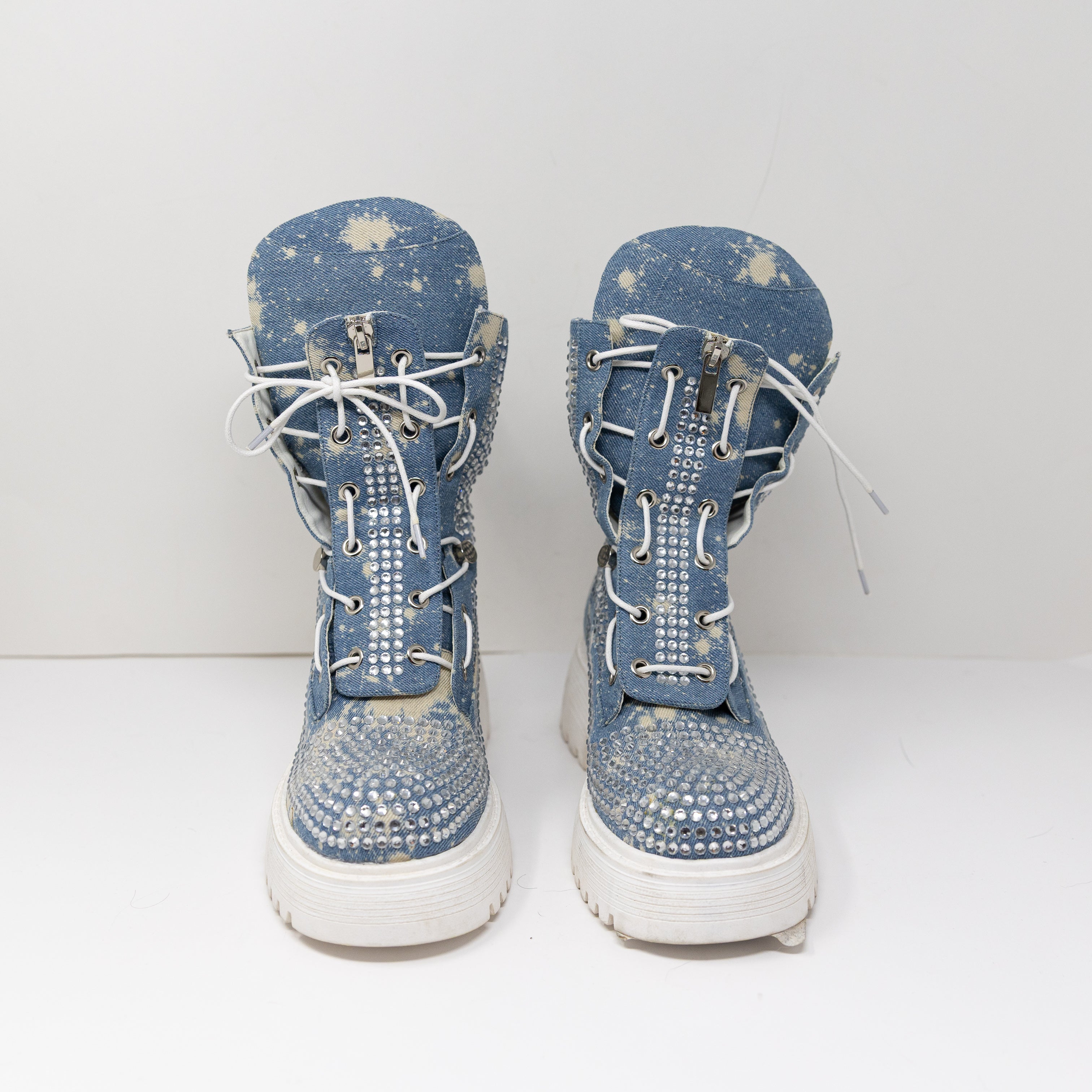 NEW Azalea Wang Harlyn Denim And Diamonds Crystal Embellished Combat Bootie Shoe