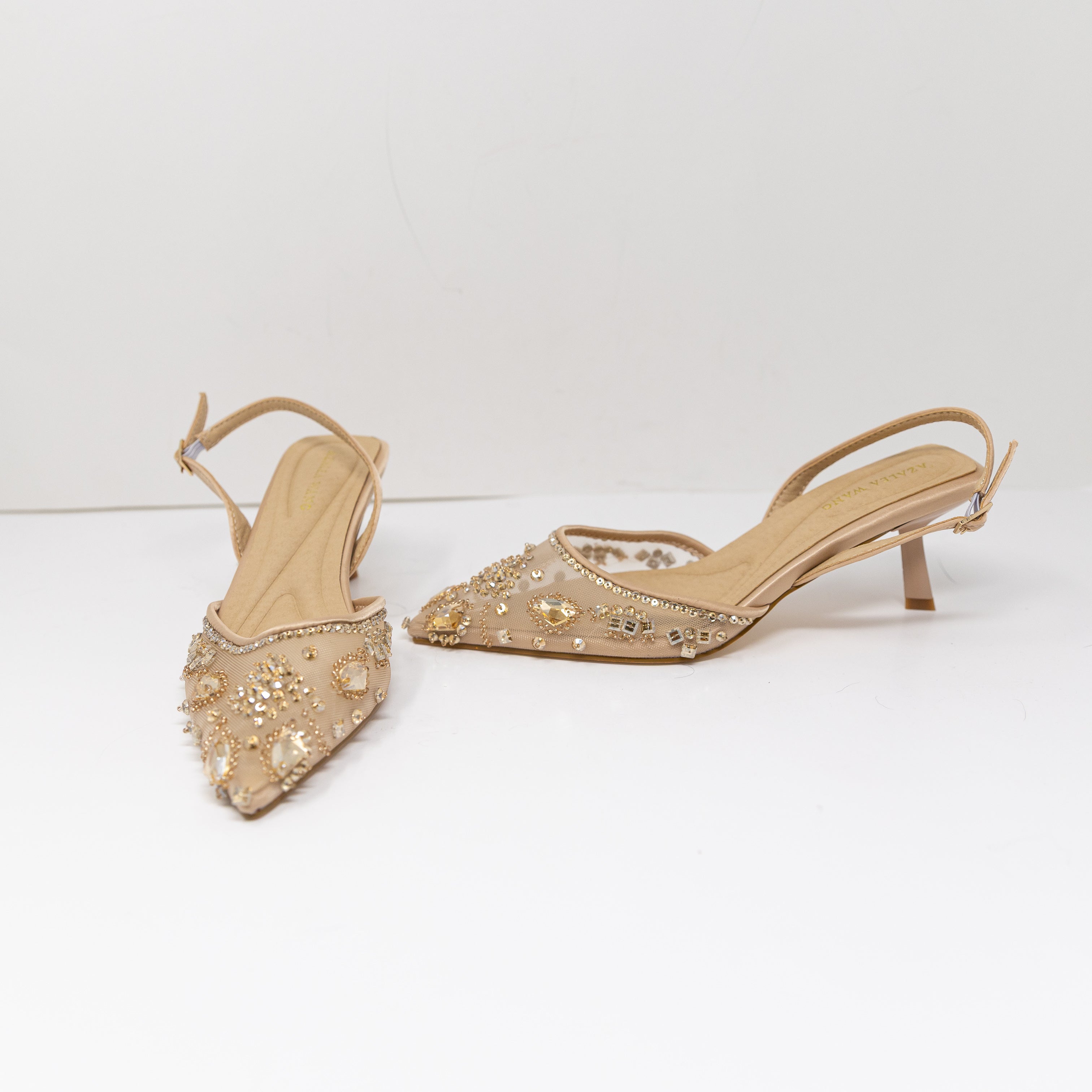 NEW Azalea Wang Valeriy Ankle Strap Pointed Toe Rhinestone Mesh Pumps Heels Shoe