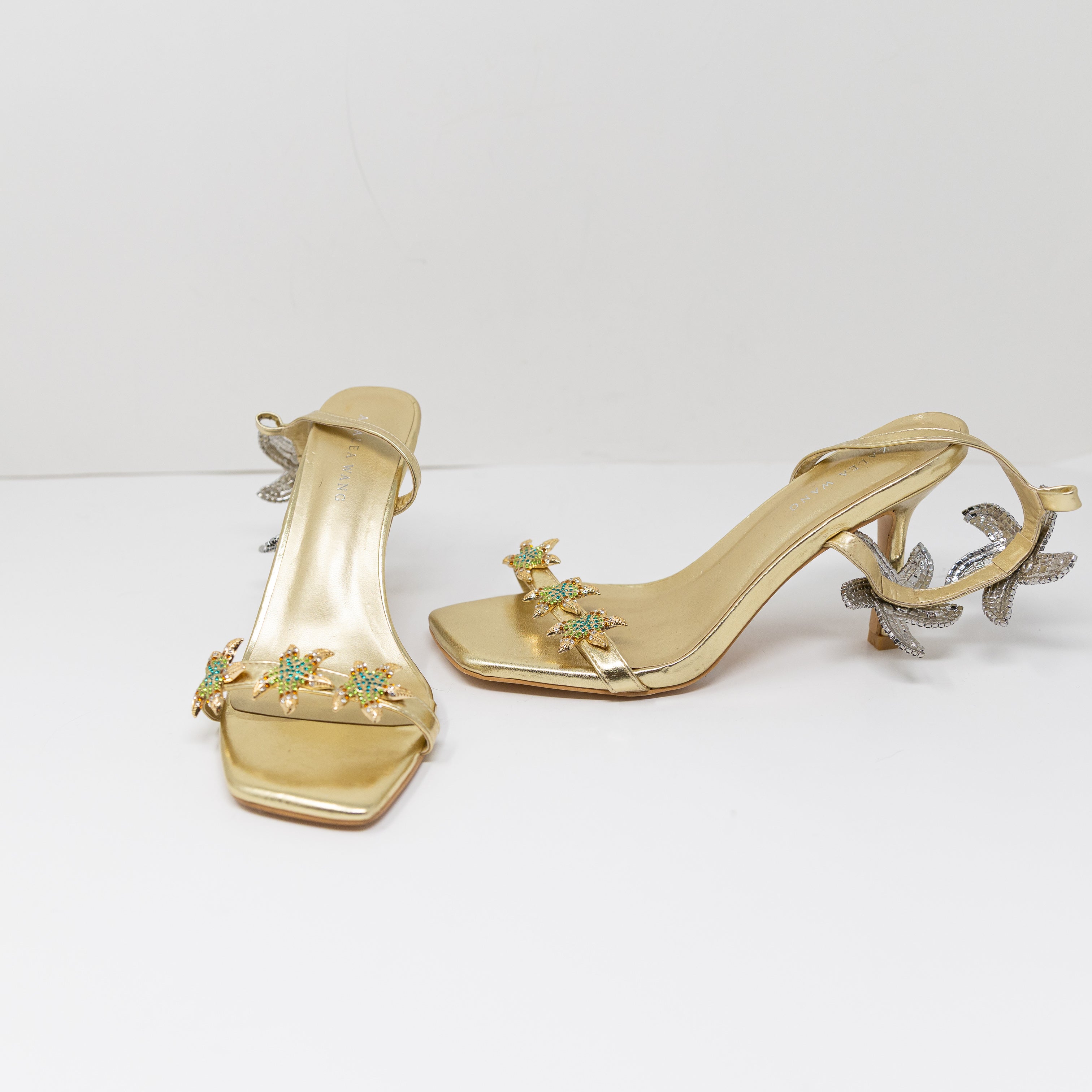 Azalea Wang Syed Gold Metallic Rhinestone Starfish Stiletto Sandals Heels Shoe 7