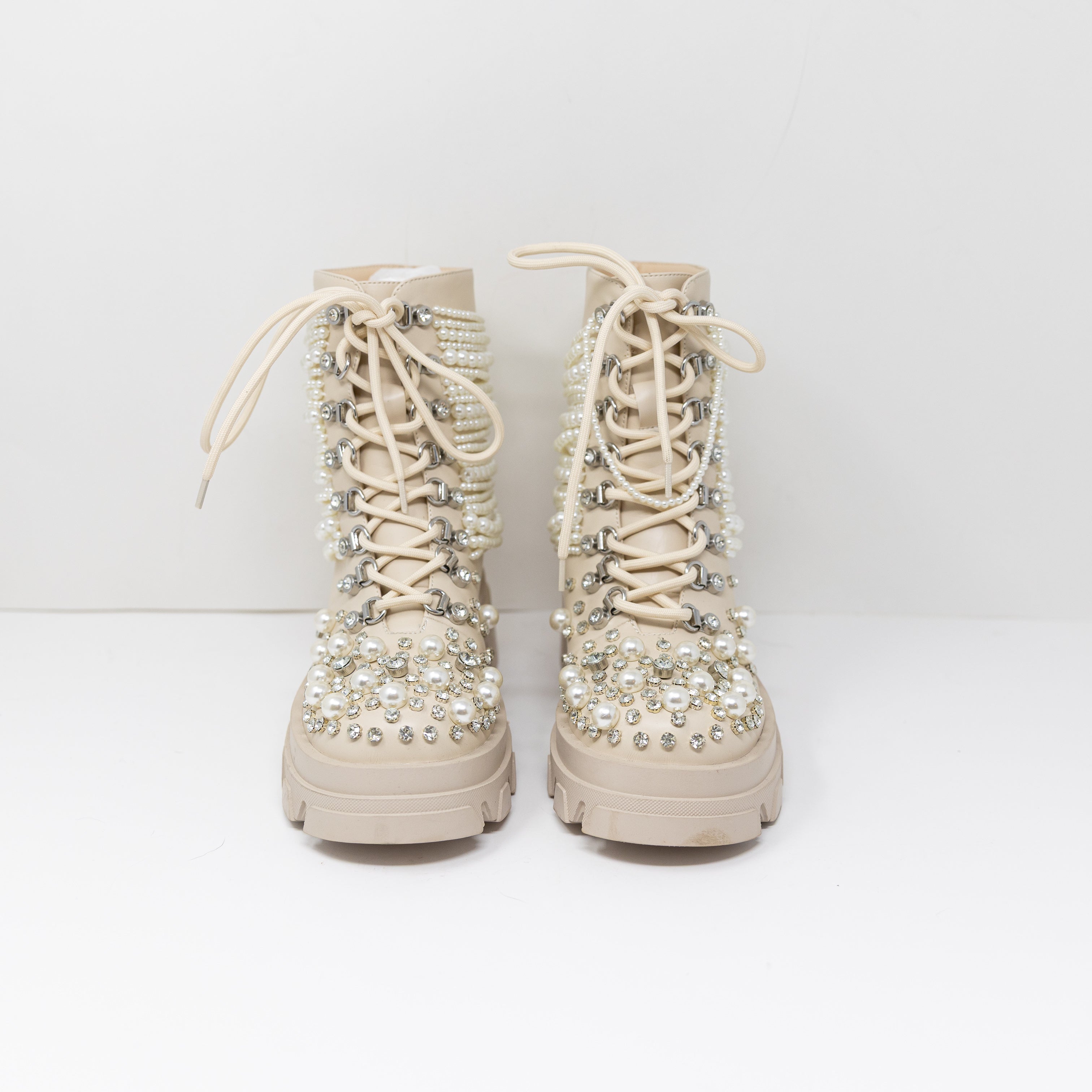 NEW Azalea Wang Twinkley Faux Leather Pearl Rhinestone Embellished Boots Ivory 7