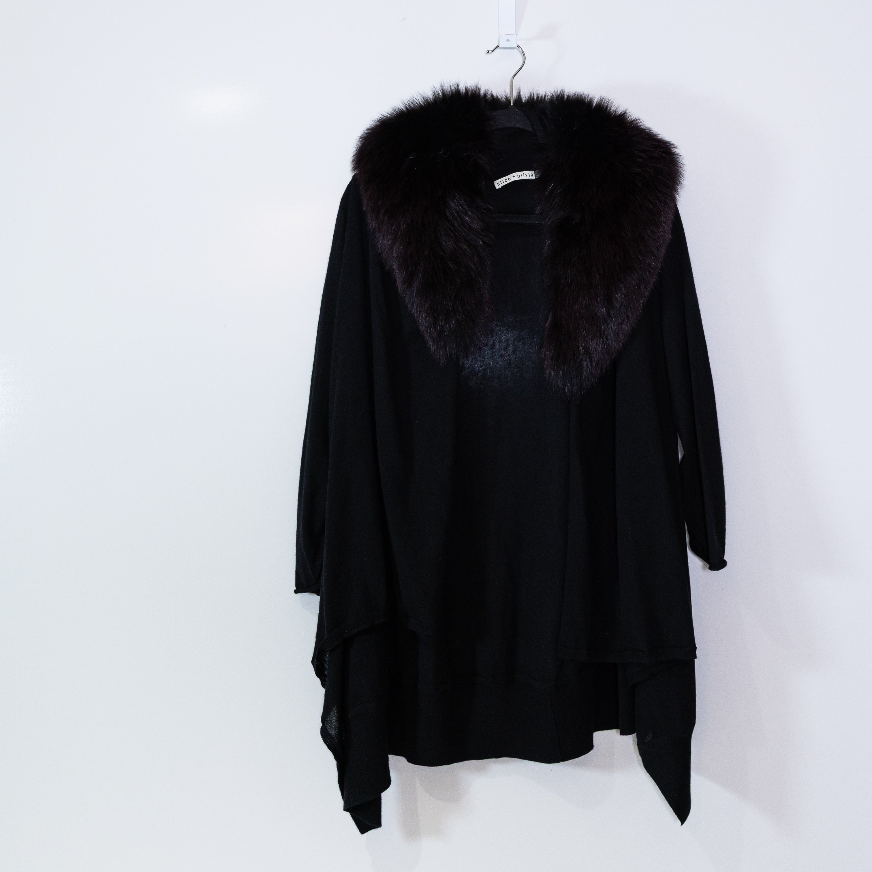 Alice And Olivia Wool Cashmere Knit Dyed Blue Fox Fur Open Cardigan Sweater M