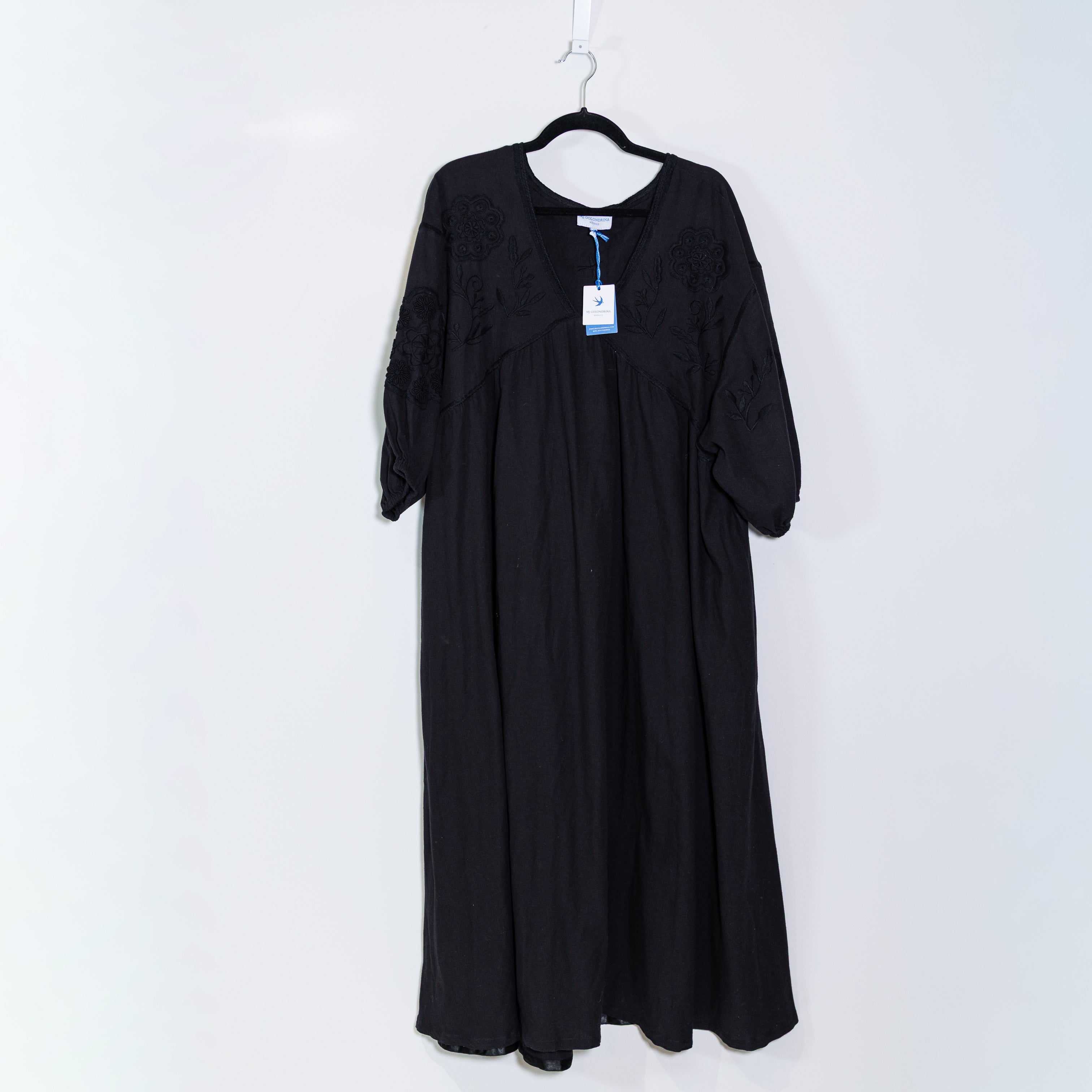NEW Mi Golondrina Sofia Cotton Embroidered V Neck Pullover Long Maxi Dress Black