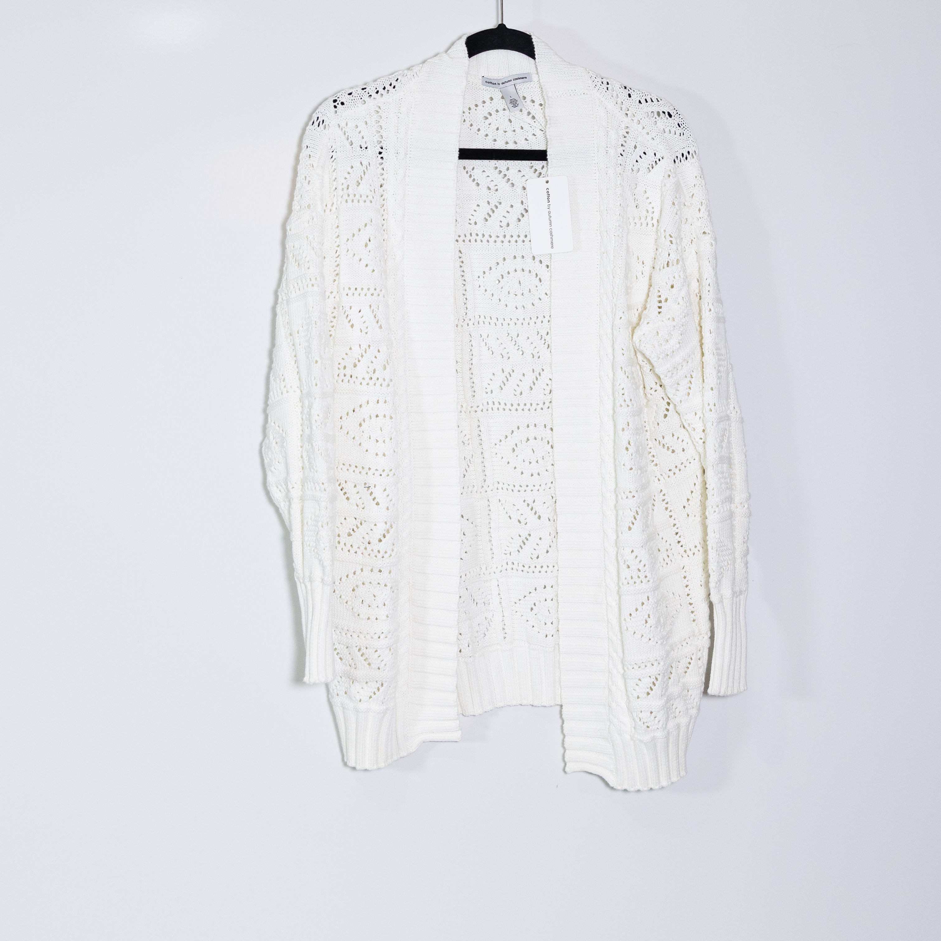 NEW Cotton By Autumn Cashmere Tile Stitch Knit Open Front Cardigan Duster White
