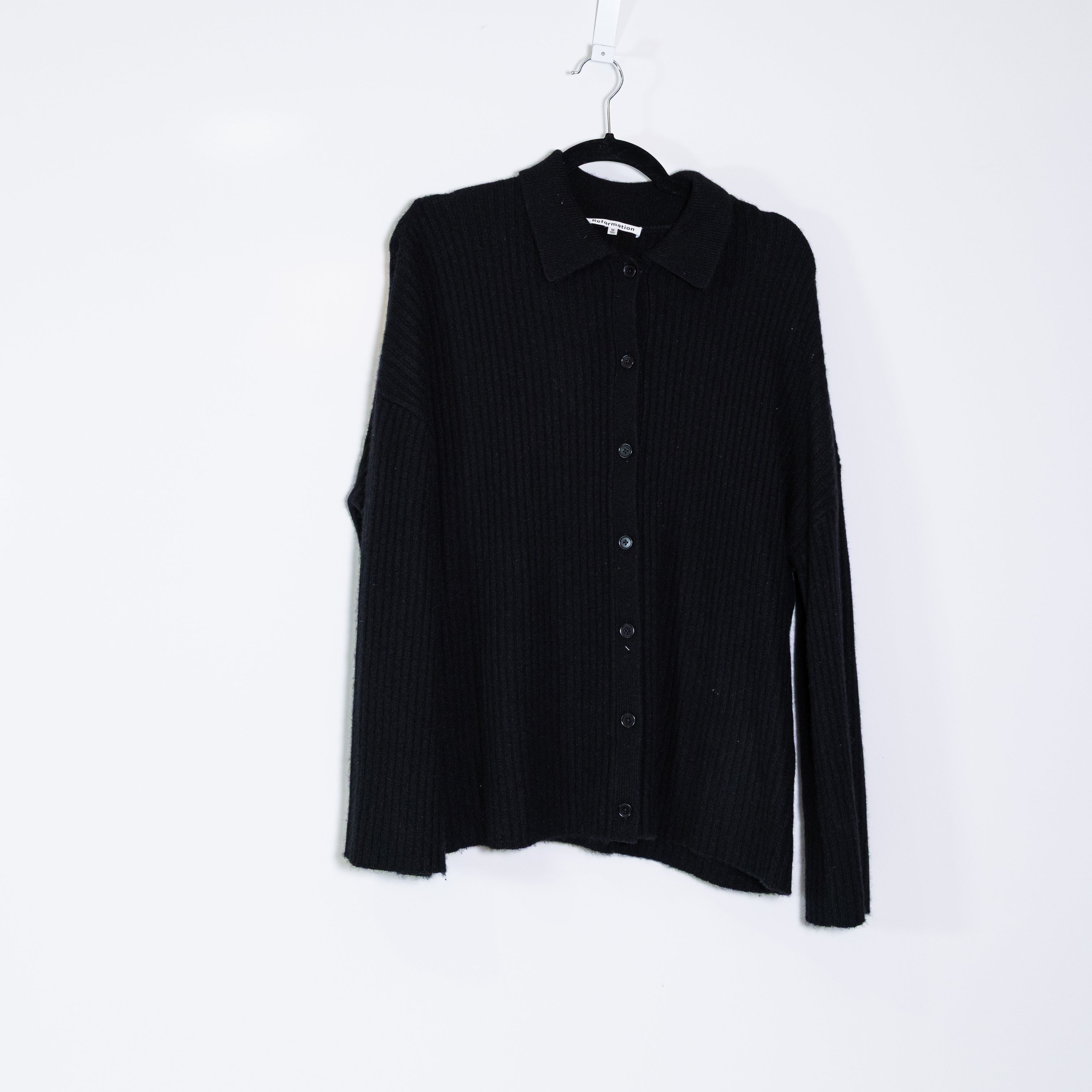 Reformation Fantino Cashmere Ribbed Knit Stretch Collared Cardigan Sweater Black