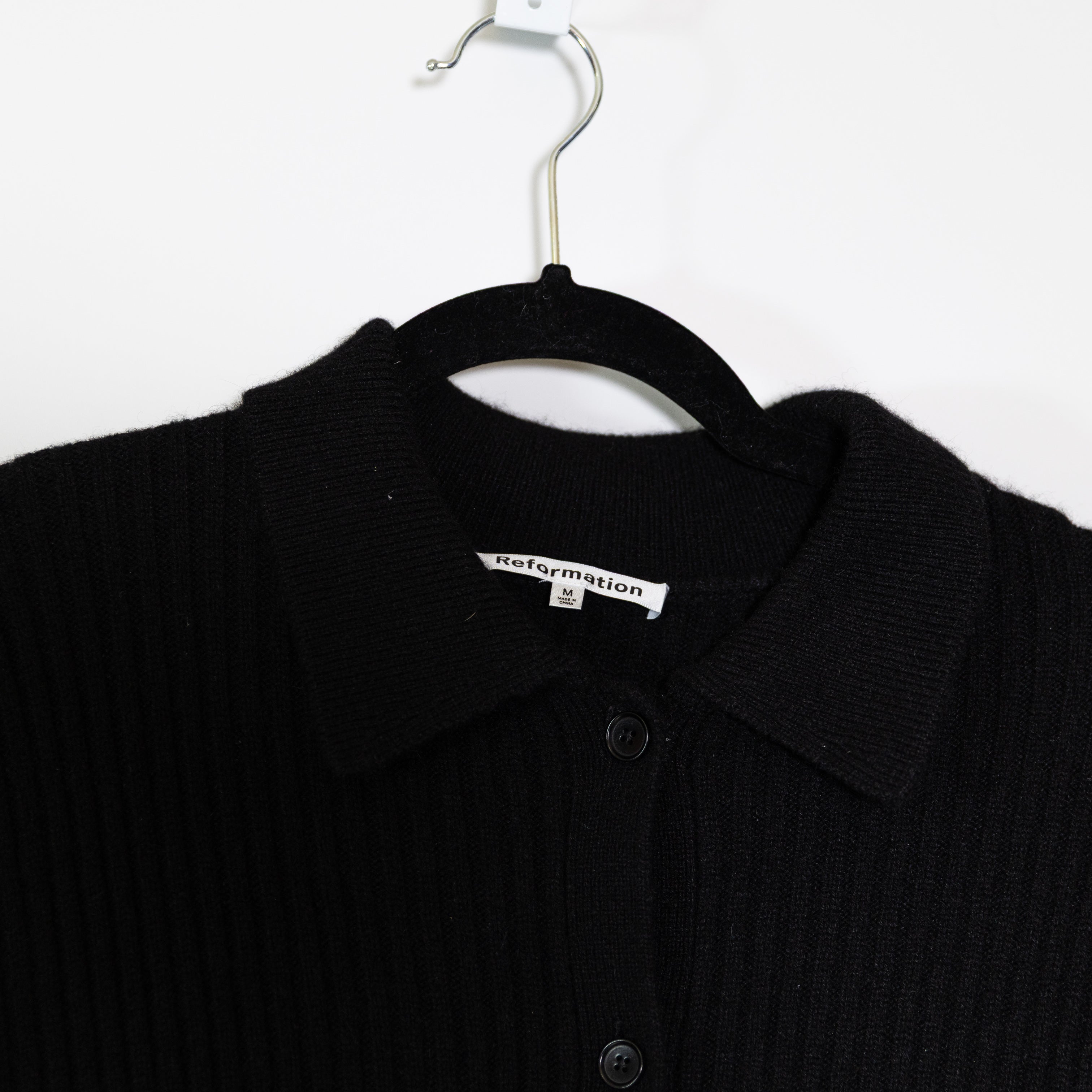 Reformation Fantino Cashmere Ribbed Knit Stretch Collared Cardigan Sweater Black