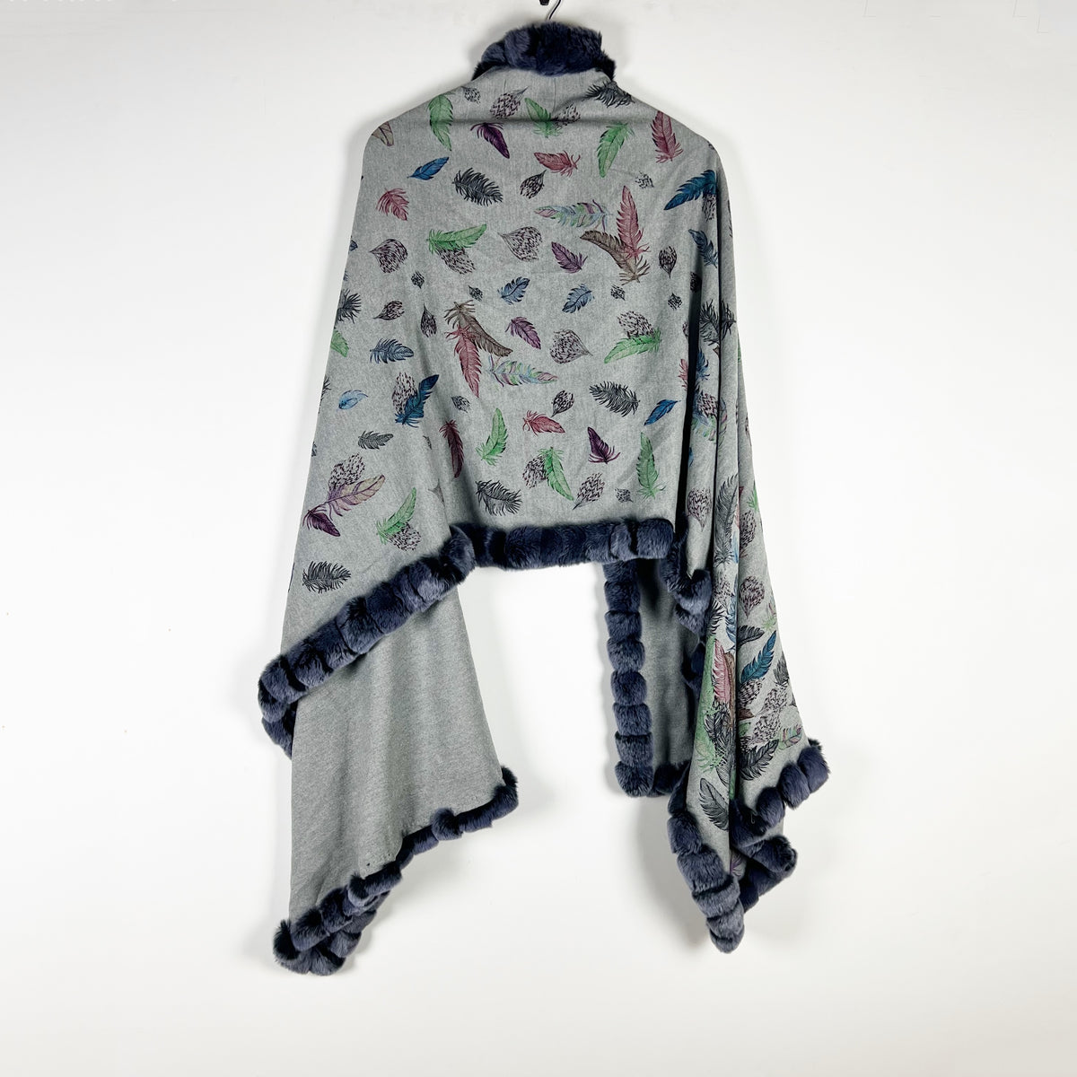 Diana Rosh Cashmere Rex Rabbit Fur Pom Pom Trim Feather Print Wrap Scarf Shawl