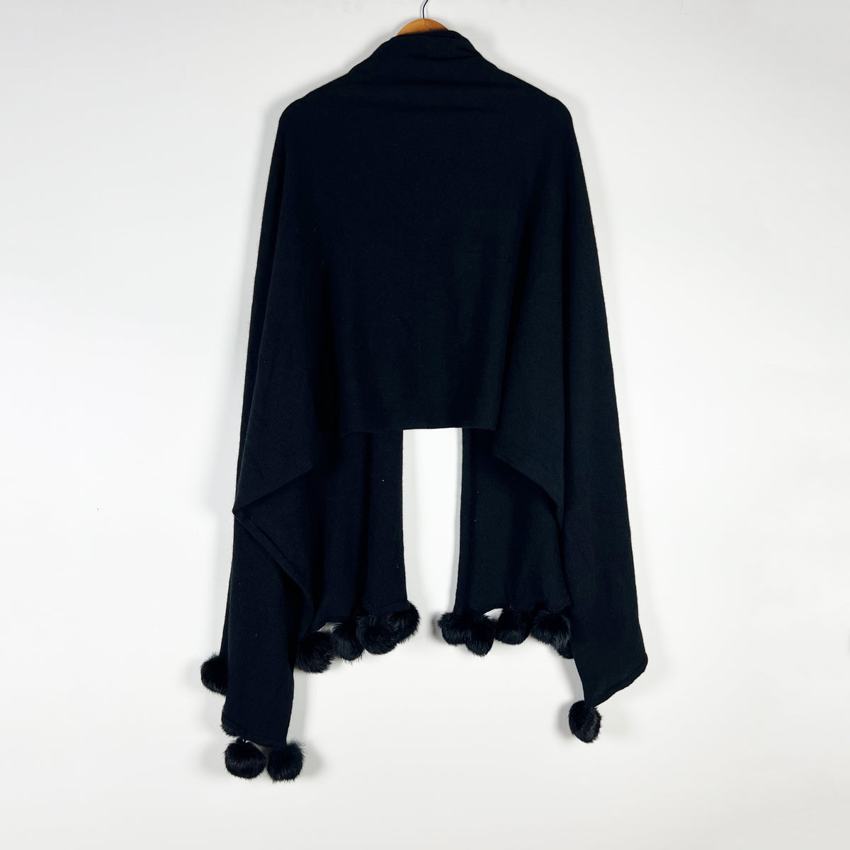 Marshall Fields Cashmere Knit Genuine Fur Pom Pom Shawl Wrap Scarf Black