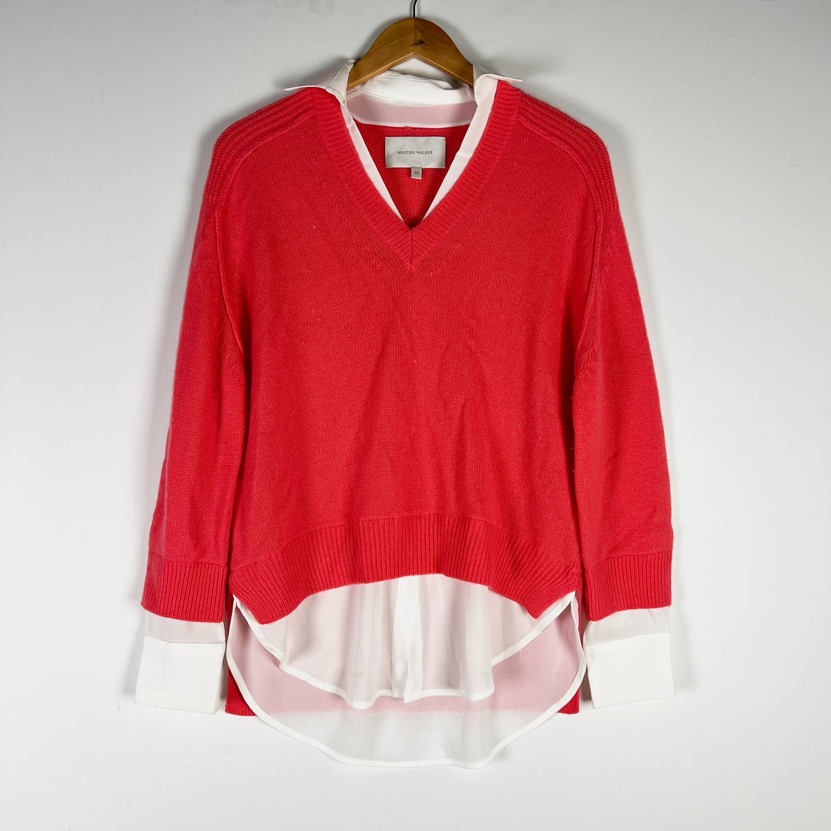 Brochu Walker The Looker Layered V Neck Wool Cashmere Pullover Sweater Salmon XS