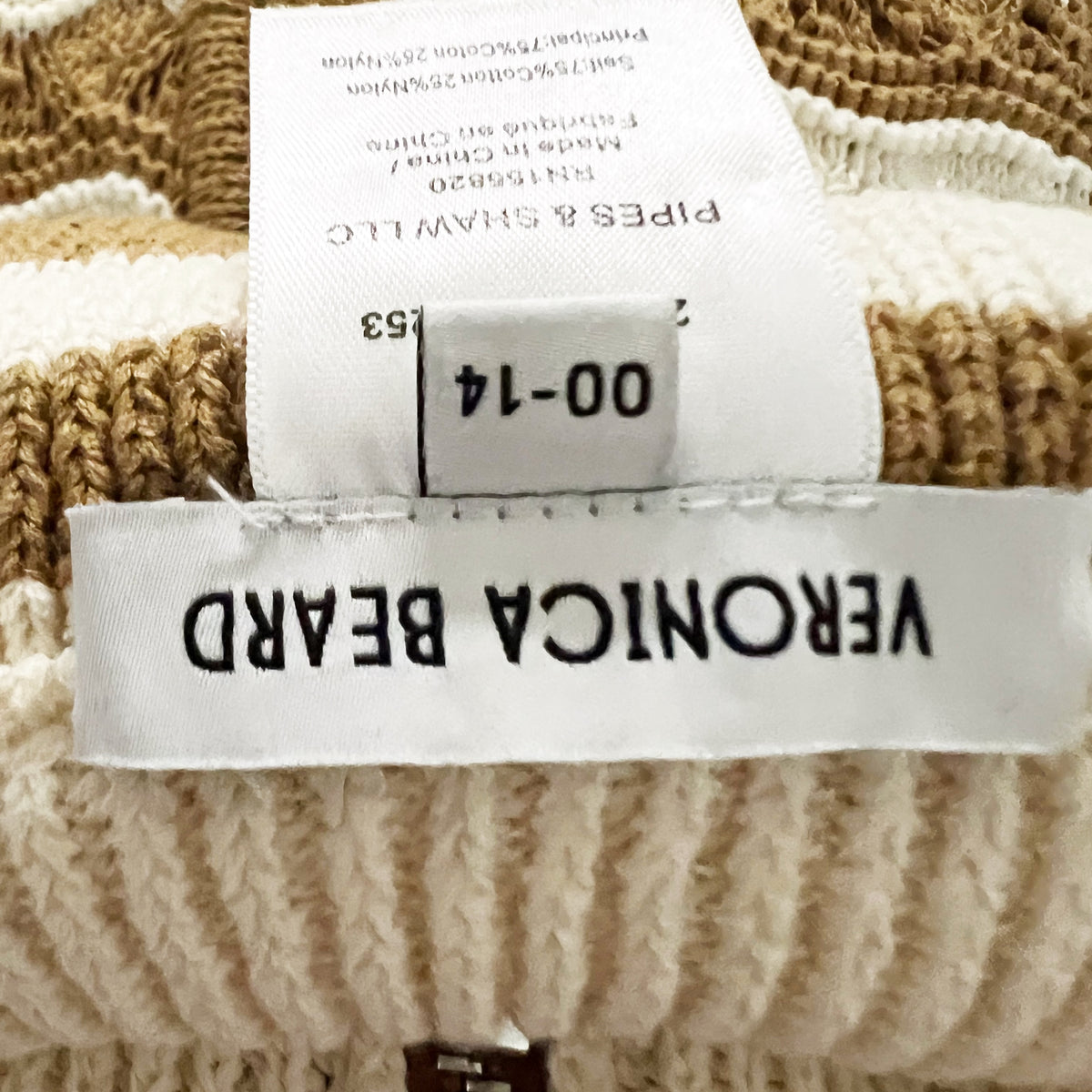 Veronica Beard Dickey Cotton Blend Chunky Knit Full Zip Insert Brown Ivory