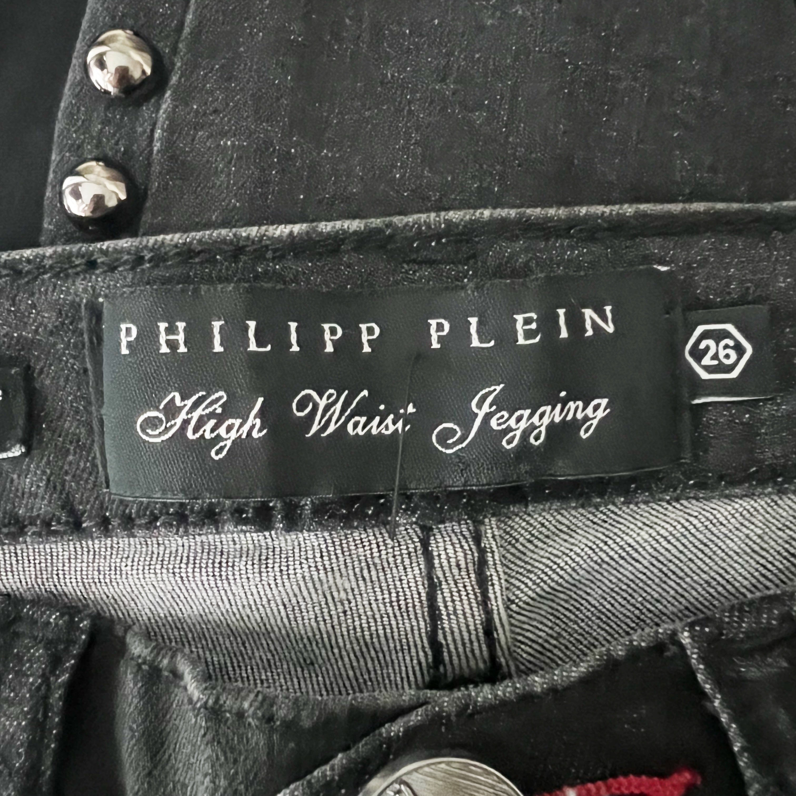 Philipp Plein Cotton Stretch High Waist Jegging Beaded Embellished Studded Jean