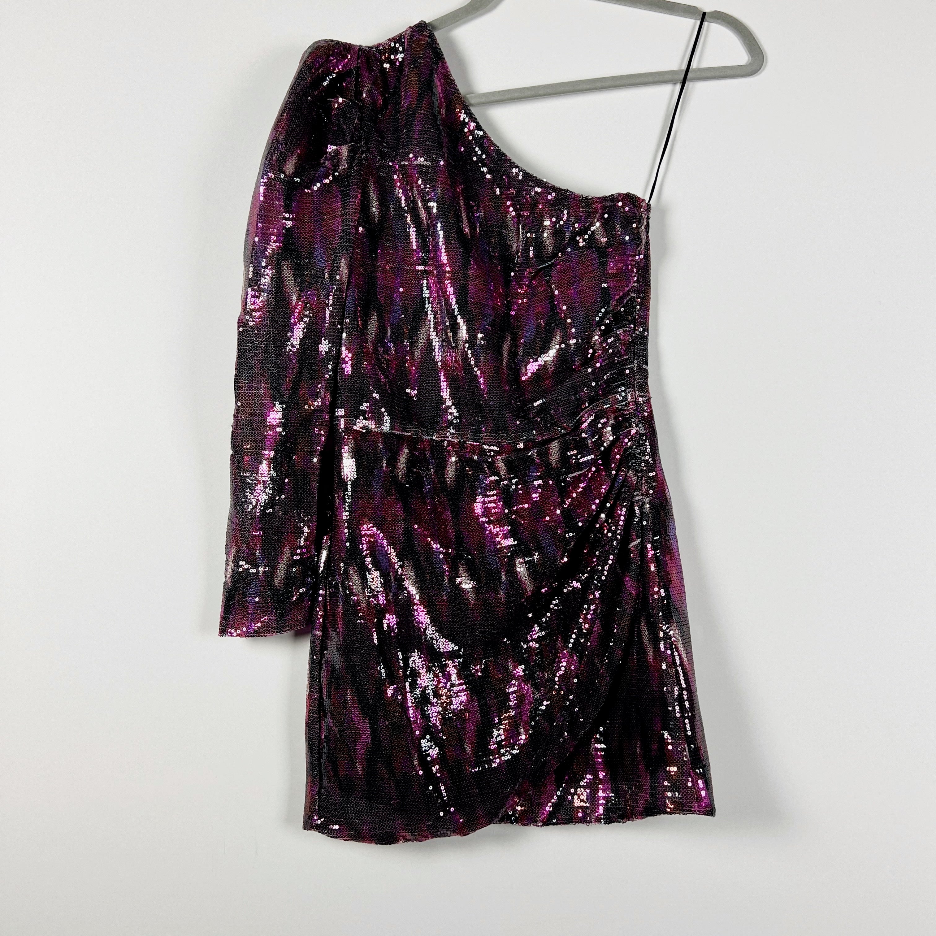NEW Misa Nova One Shoulder Fuschia Ikat Sequin Sparkle Cocktail Mini Dress XS