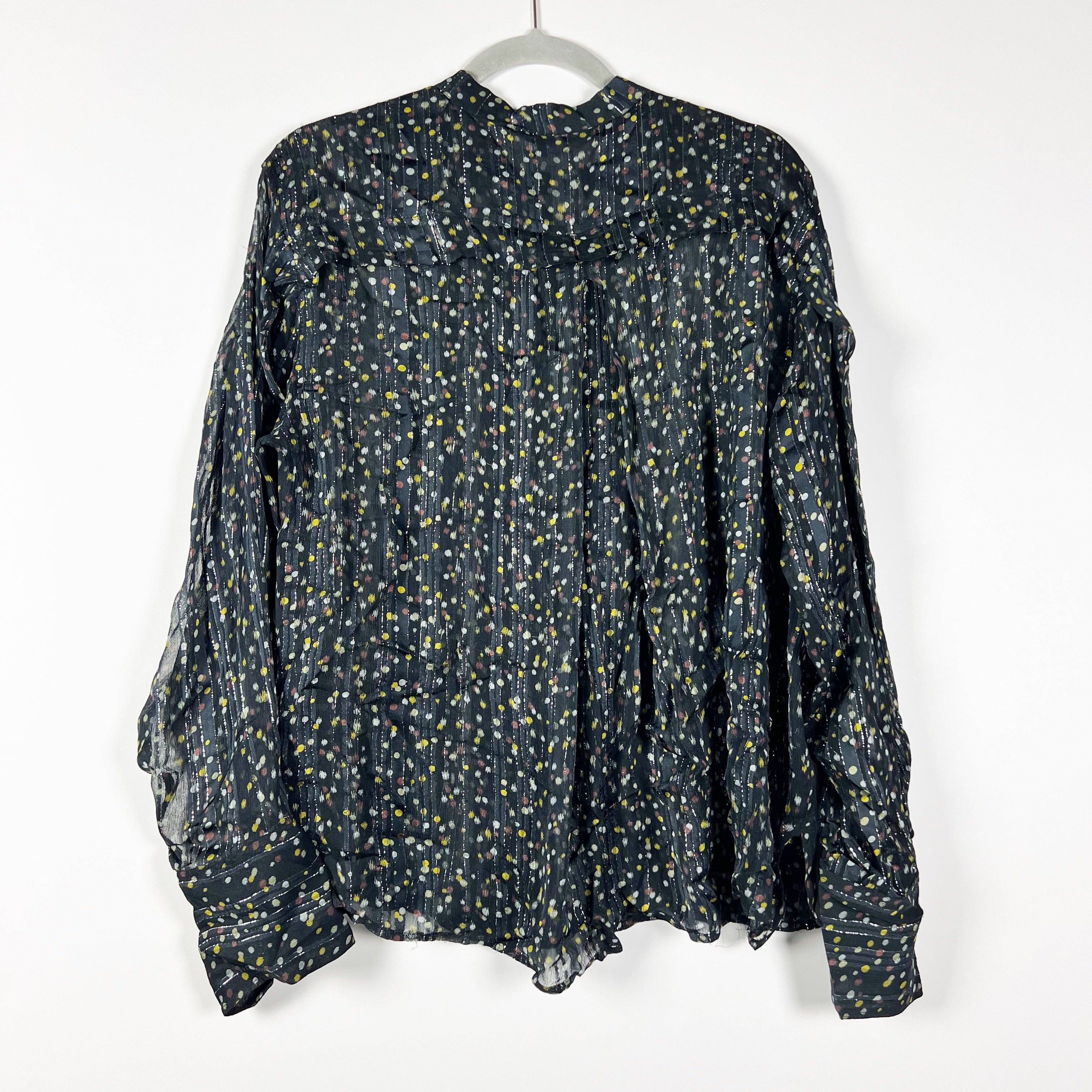 Rag & Bone Carina Button Up Collarless Silk Chiffon Metallic Polka Dot Blouse L