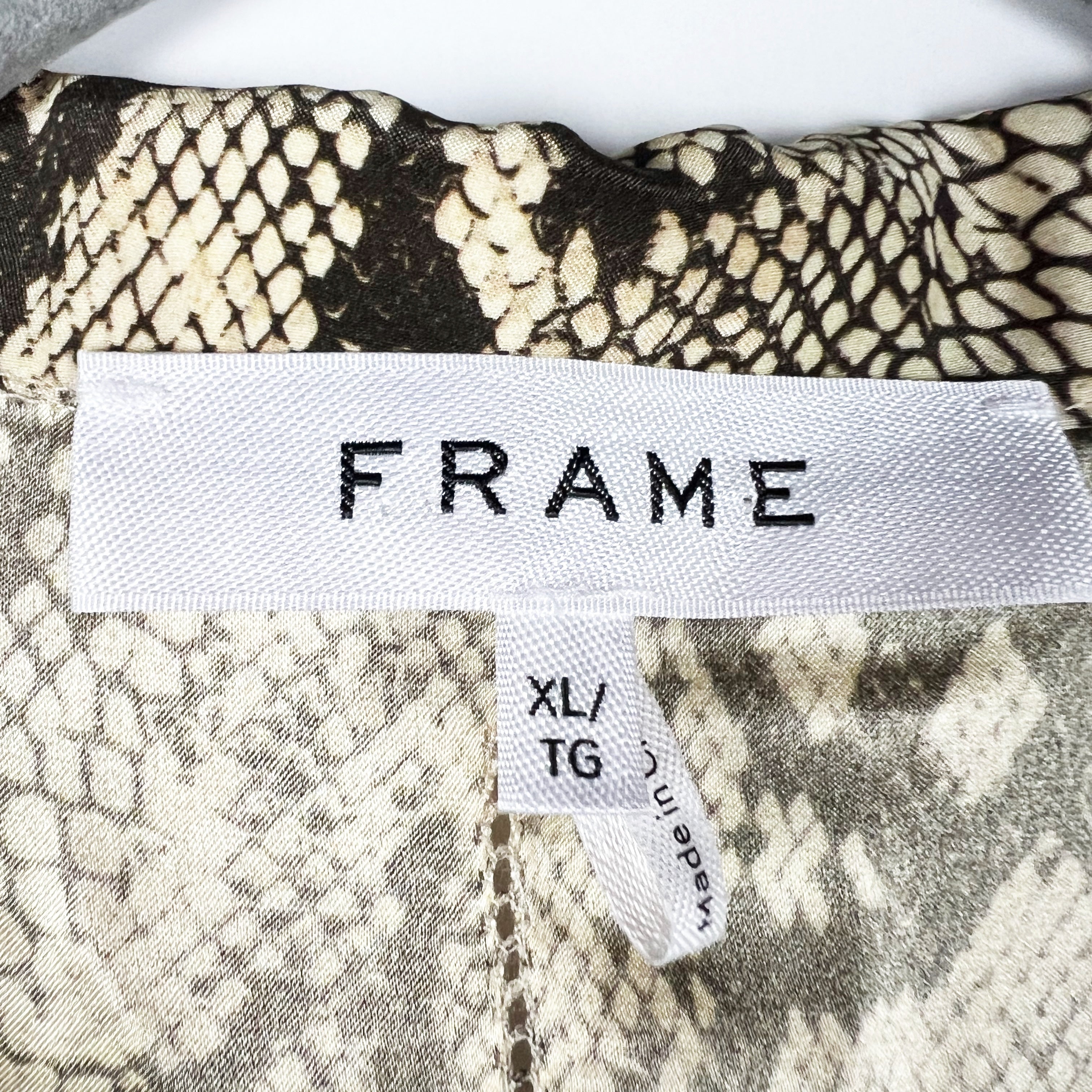 Frame VNeck Ladder Stitch Popover Silk Satin Short Sleeve Snake Python Blouse XL