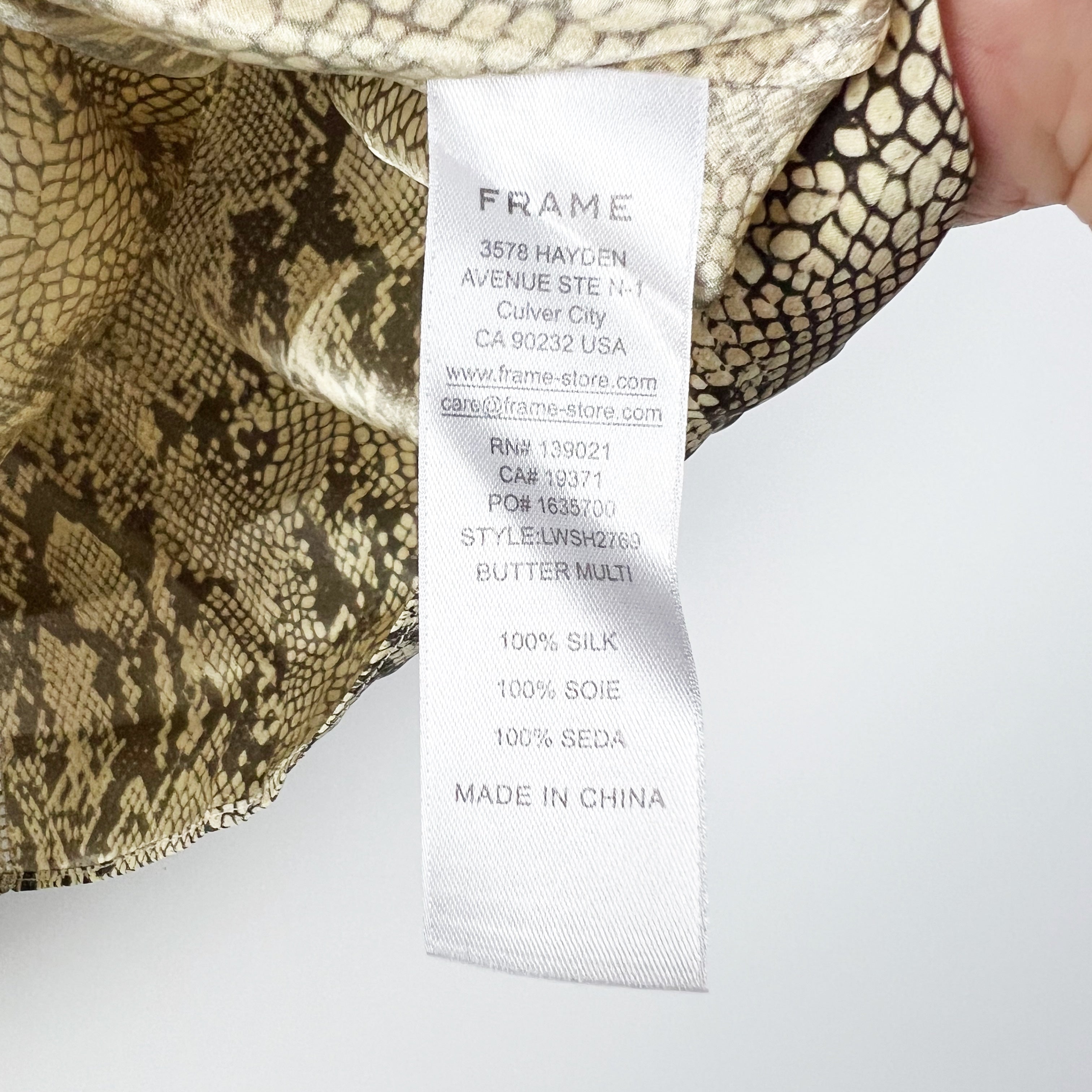 Frame VNeck Ladder Stitch Popover Silk Satin Short Sleeve Snake Python Blouse XL