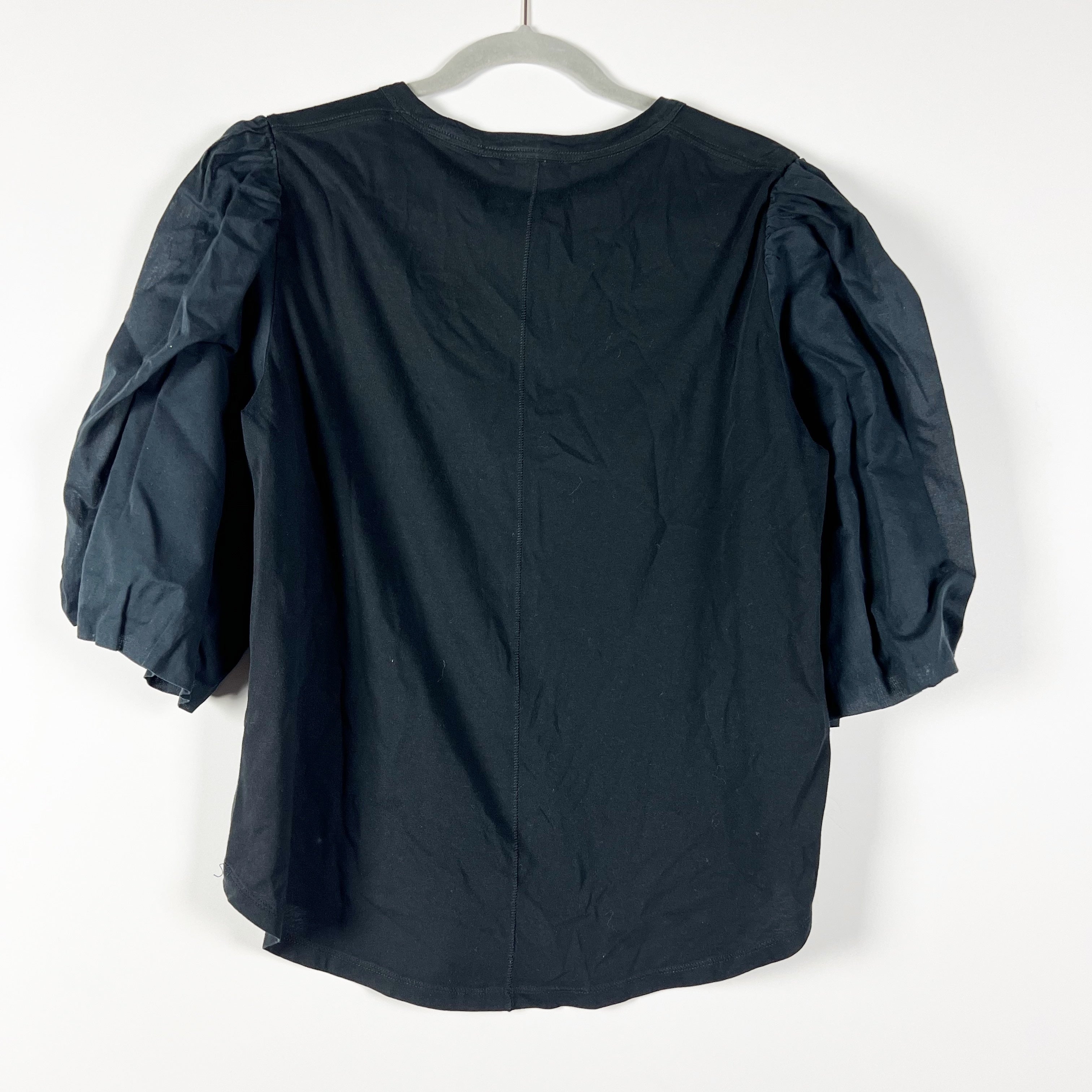 Veronica Beard Retta Cotton Poplin Puff Half Sleeve Crew Neck Tee Shirt Black XL