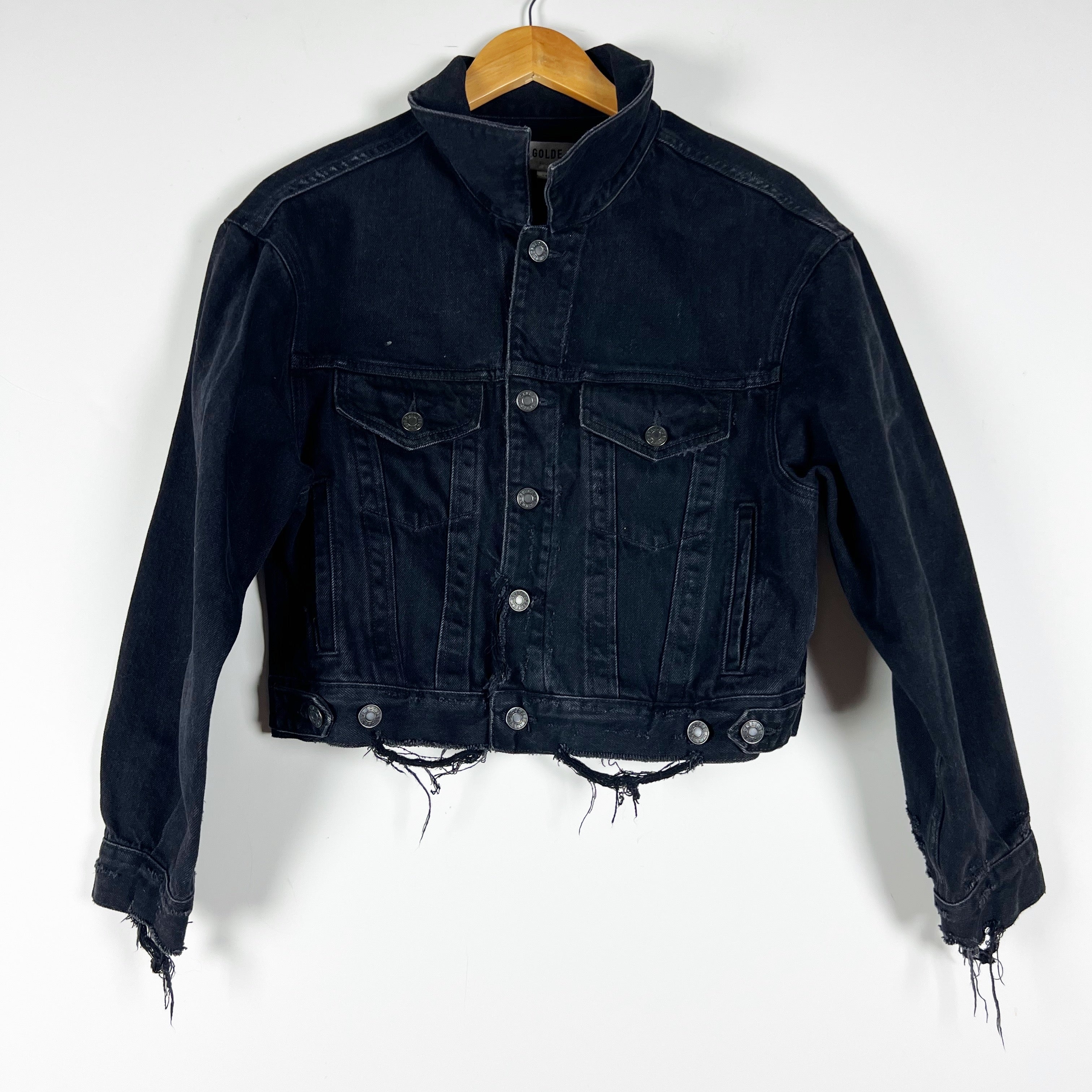 Agolde Shrunken Charli Organic Cotton Distressed Denim Jean Jacket Jagged Black