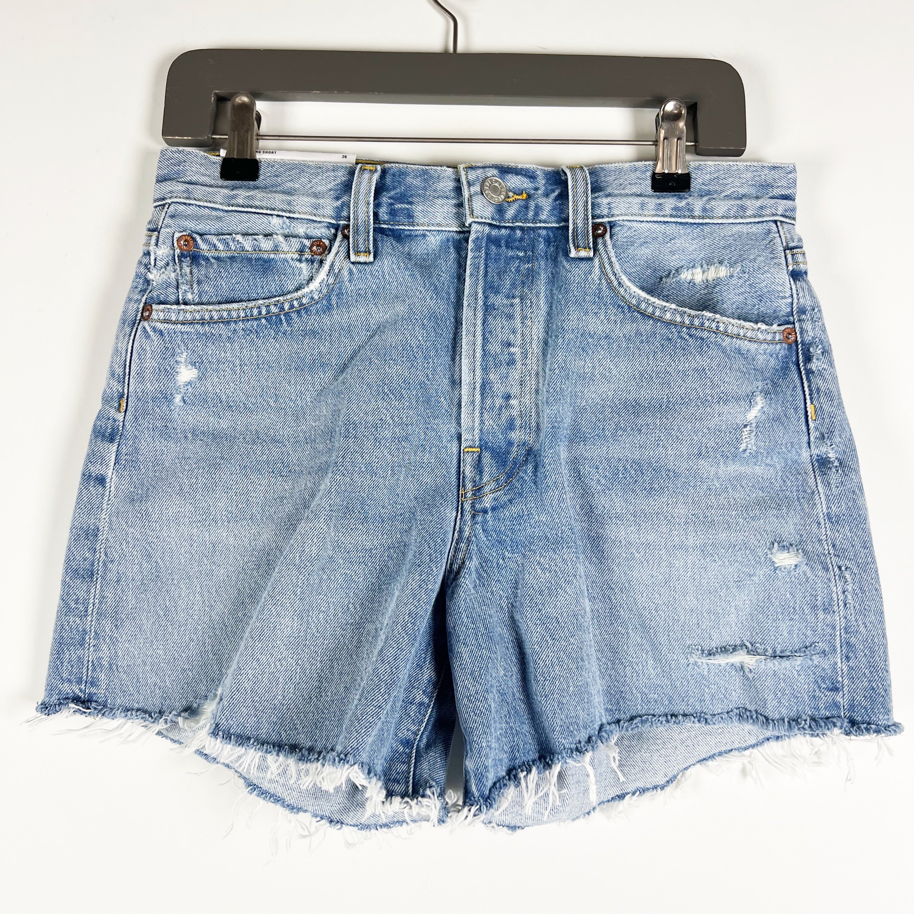 NEW Agolde Parker Long High Rise Cotton Denim Distressed Shorts Swapmeet 26