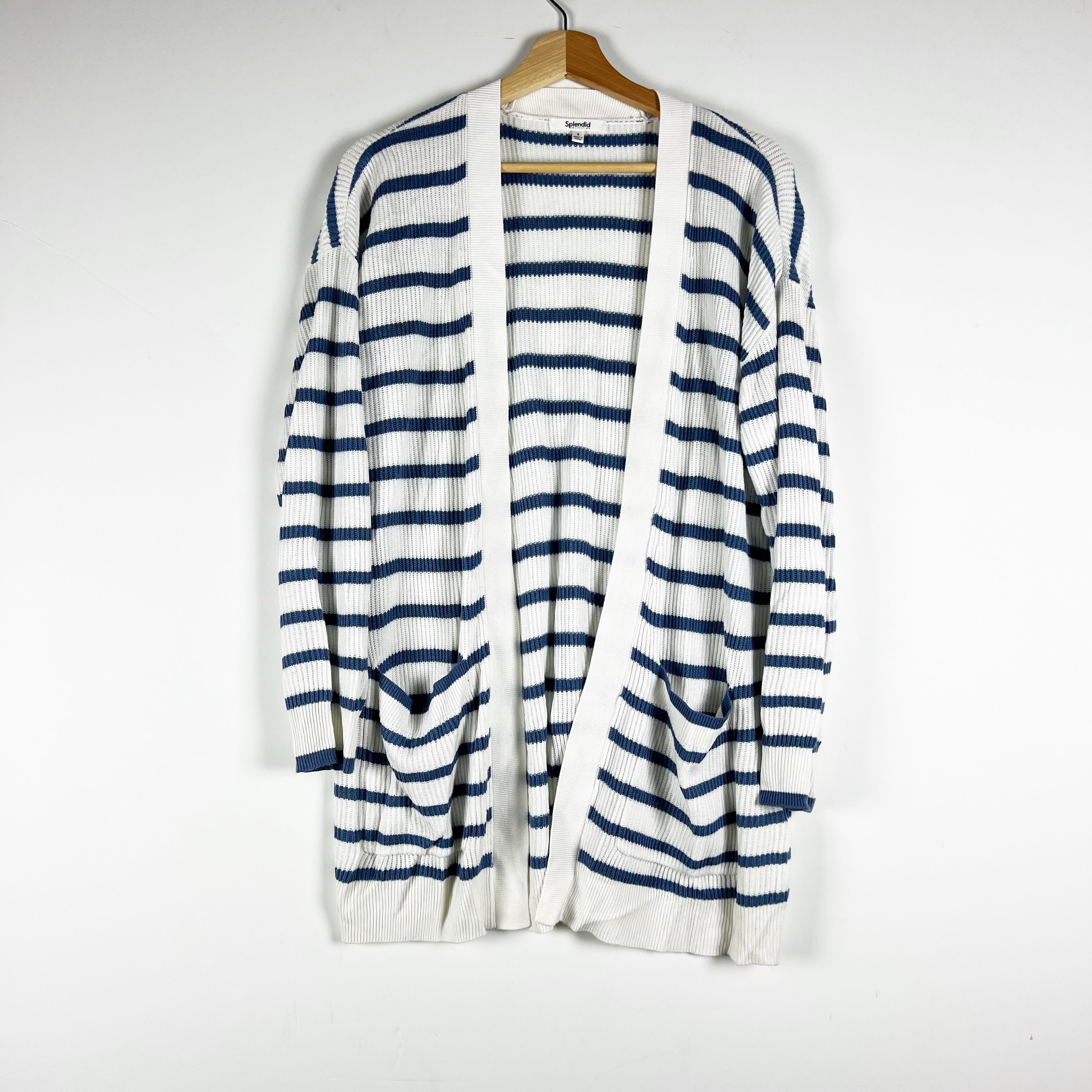 Splendid Collection Luna Blue White Ribbed Knit Stretch Open Front Cardigan S