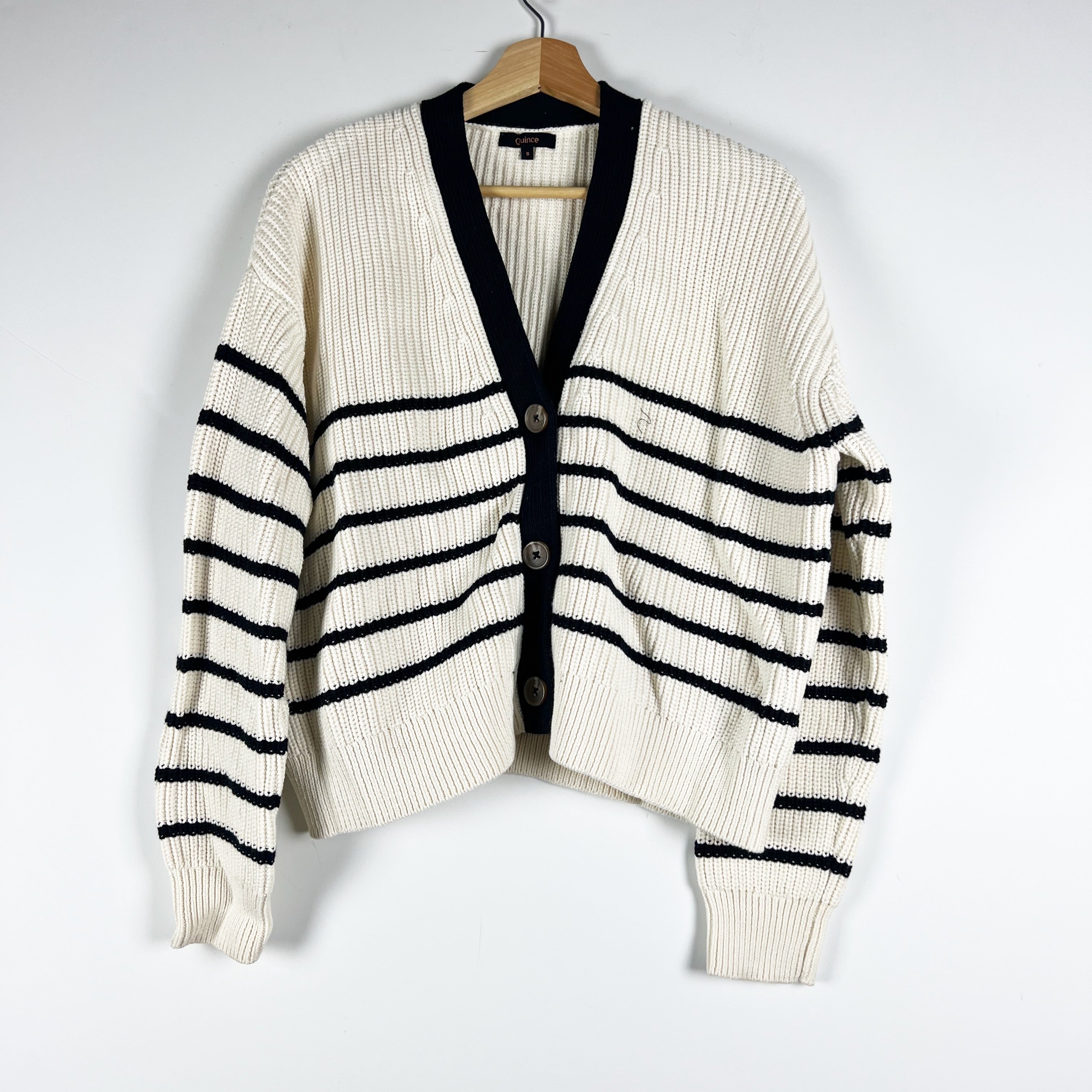 Quince 100% Organic Cotton Fisherman Boxy Cropped Cardigan Sweater Black Stripe