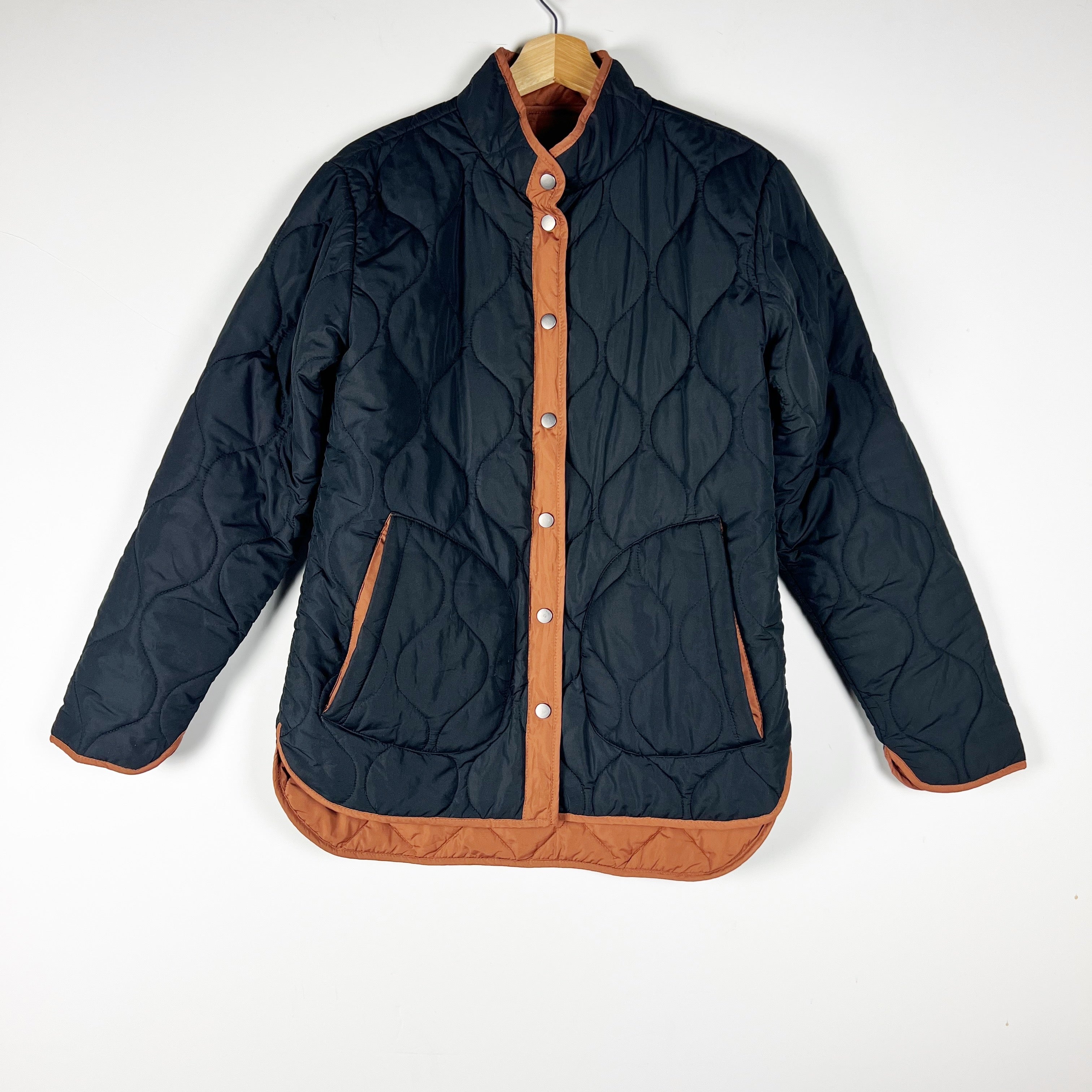 Summersalt The Reversible Eco Quilted Lightweight Snap Button Black Brown Jacket